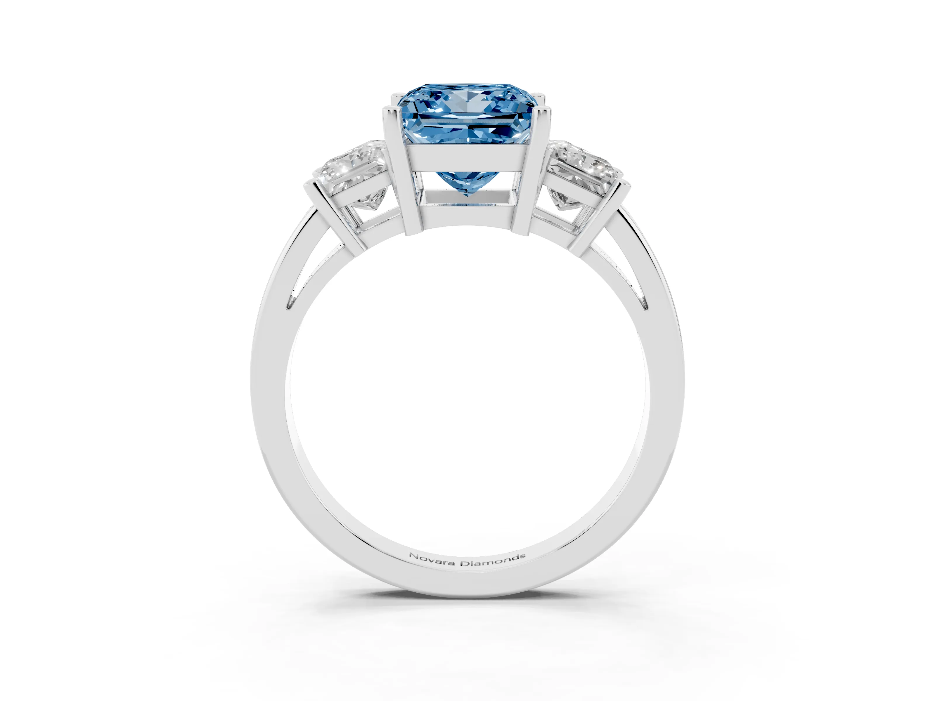 Fancy Blue Three-Stone Princess Cut Diamond Solitaire Ring Set in Platinum with Prong Setting