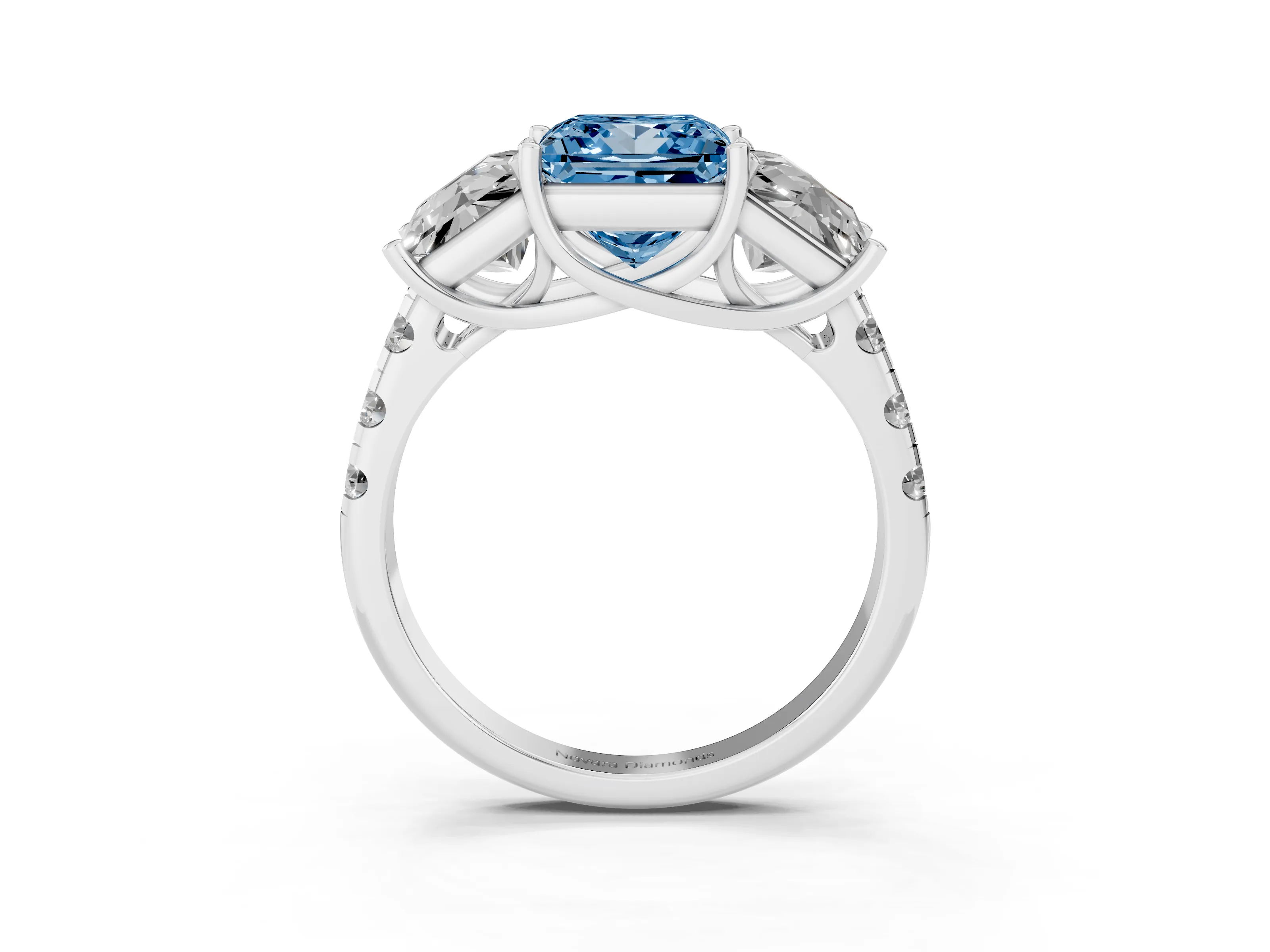 Fancy Blue Princess Cut Diamond Three-Stone Ring Set in Silver with Pavé Band