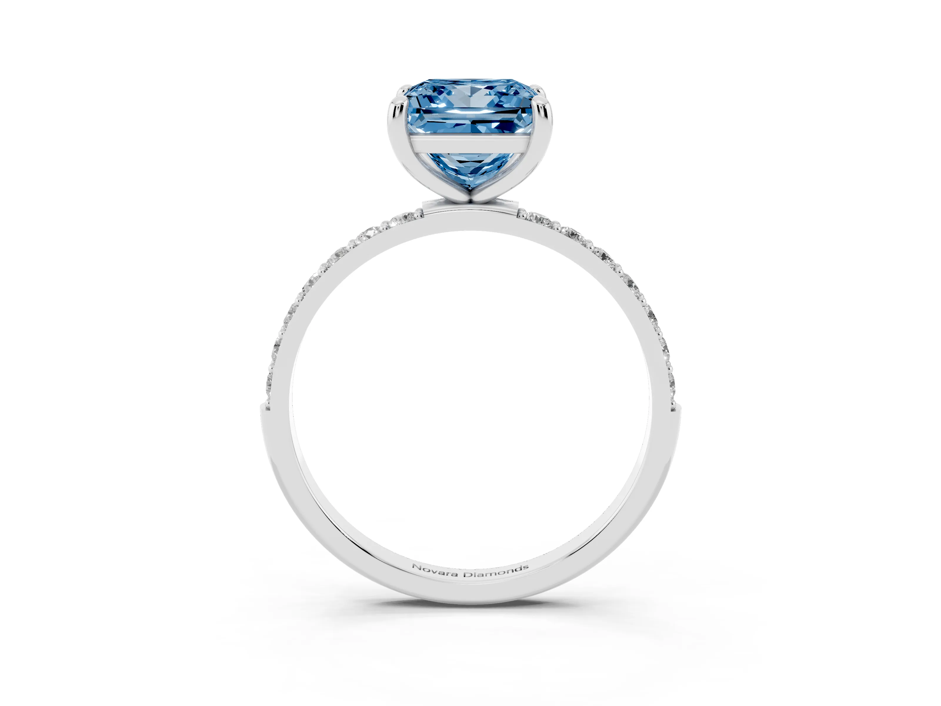 Fancy Blue Princess Cut Diamond Solitaire Ring Set in White gold with Round Pavé Band and Prong Setting