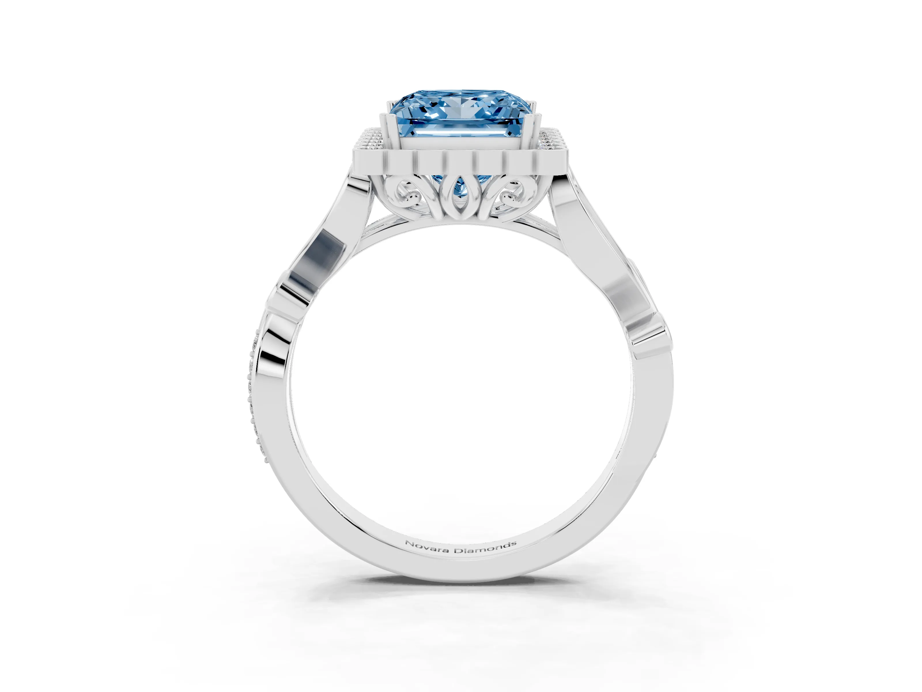 Fancy Blue Princess Cut Diamond Halo Ring Set in White gold with Leaf Motif Split Shank and Prong Setting