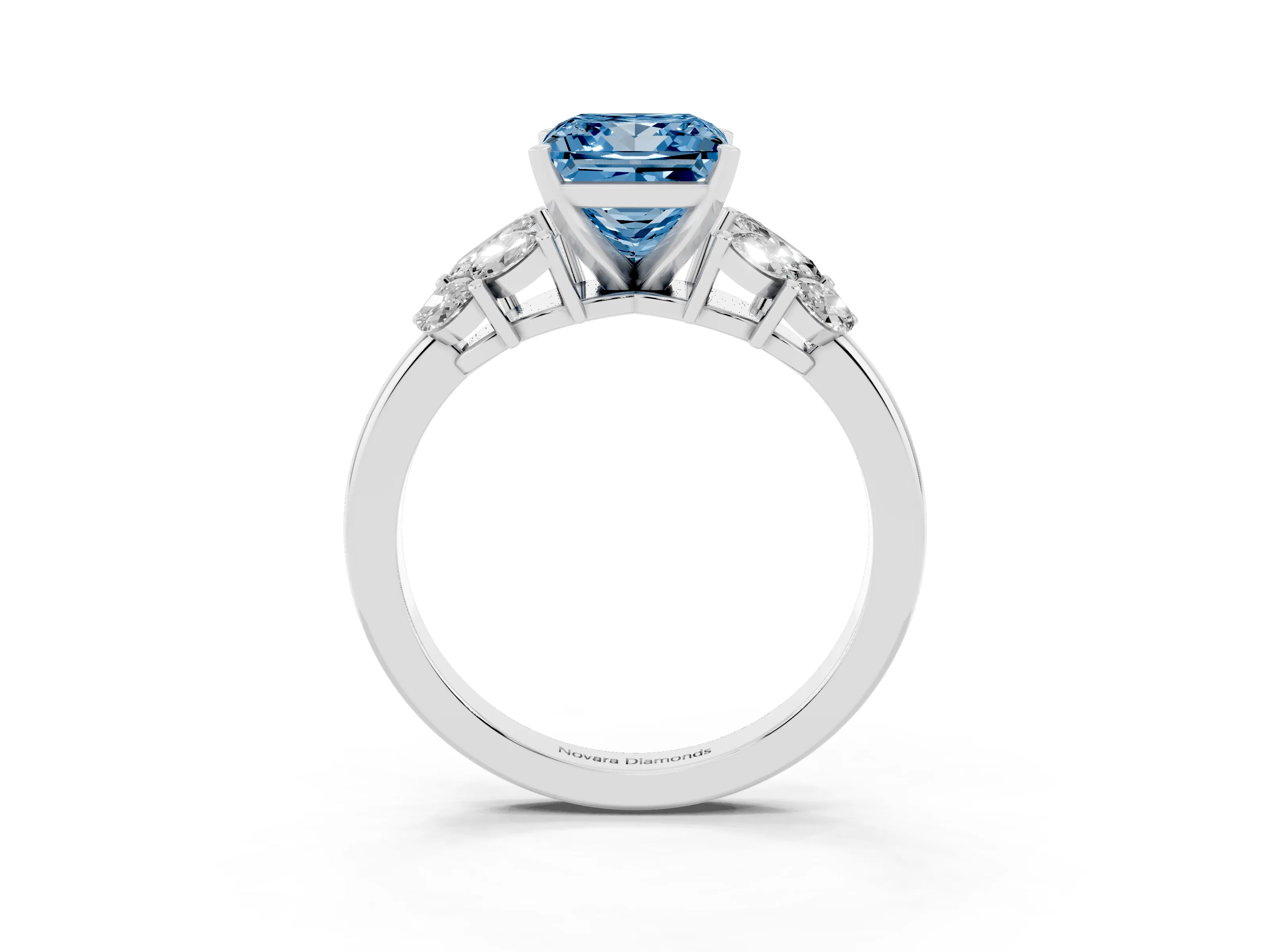 Fancy Blue Princess Cut Diamond Cluster Leaf Design Ring Set in White gold with Prong Setting