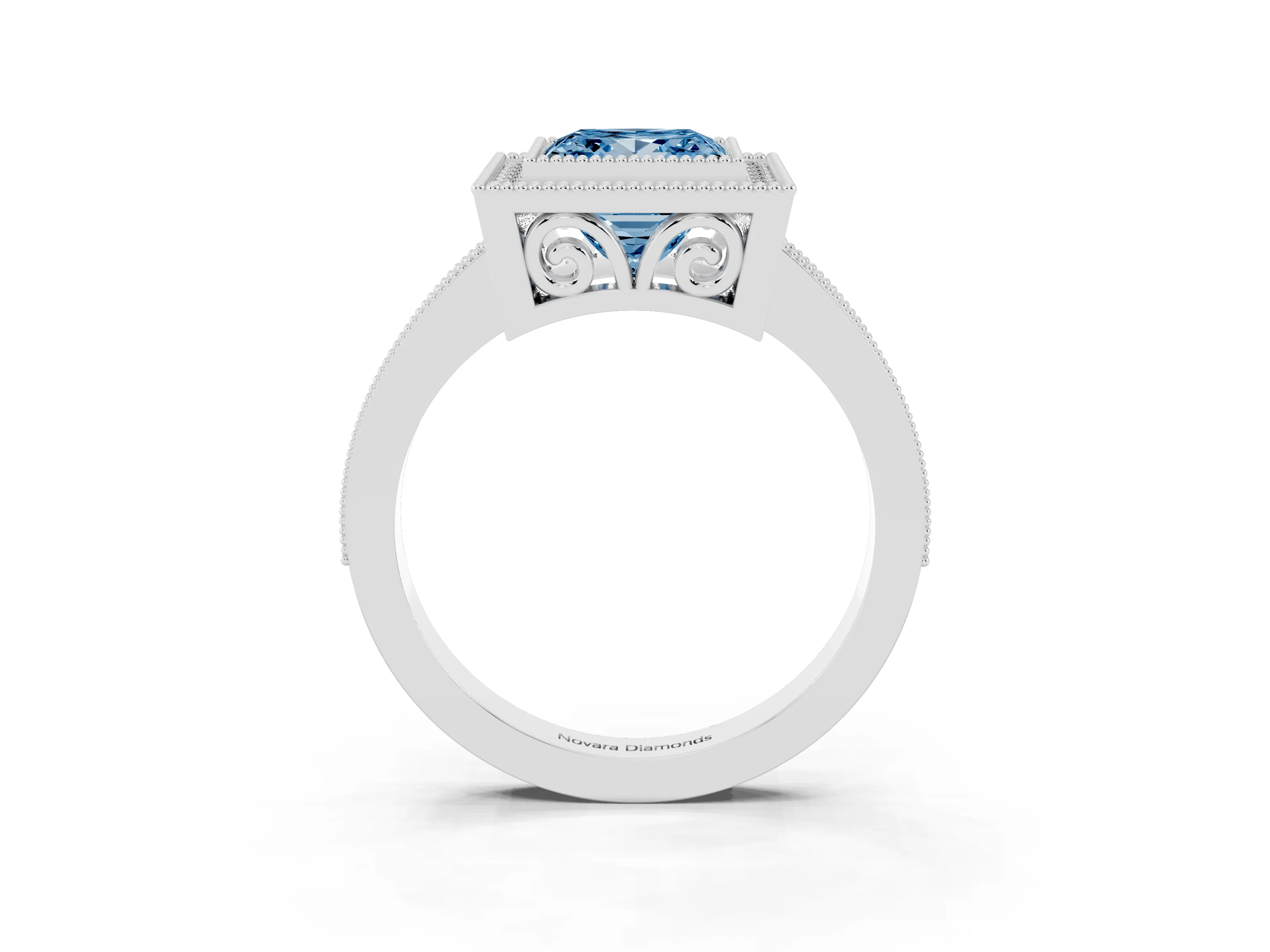 Fancy Blue Princess Cut Diamond Halo Ring Set in Silver with Pavé Band and Milgrain-Edged Prongs