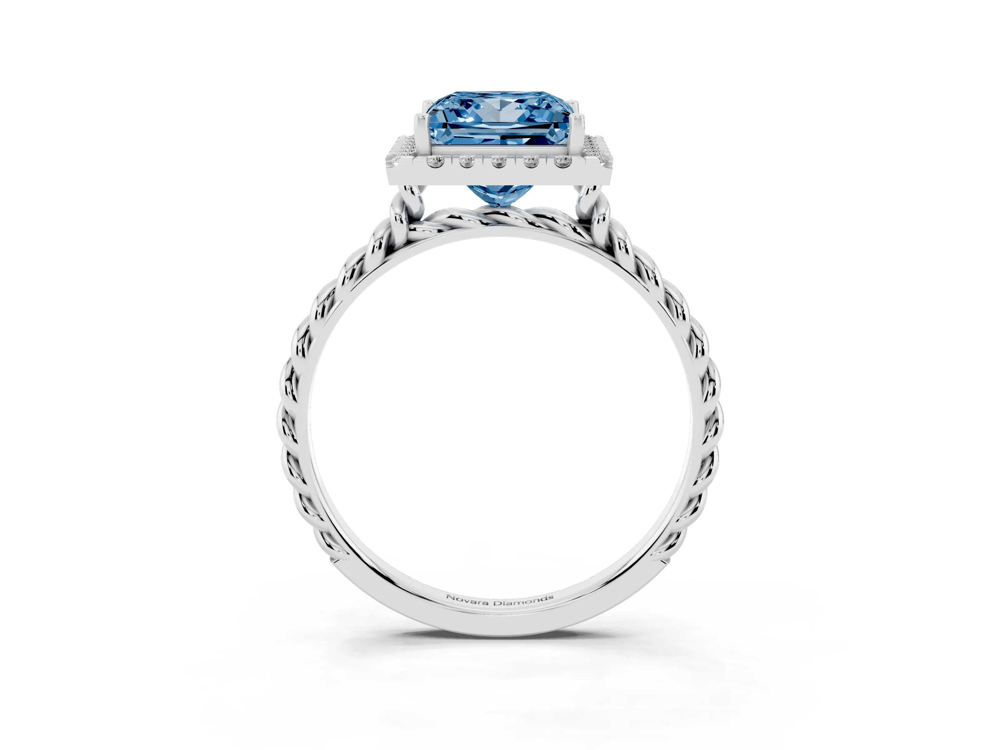 Fancy Blue Princess Cut Diamond Halo Ring Set in Platinum with Plain Twisted Band