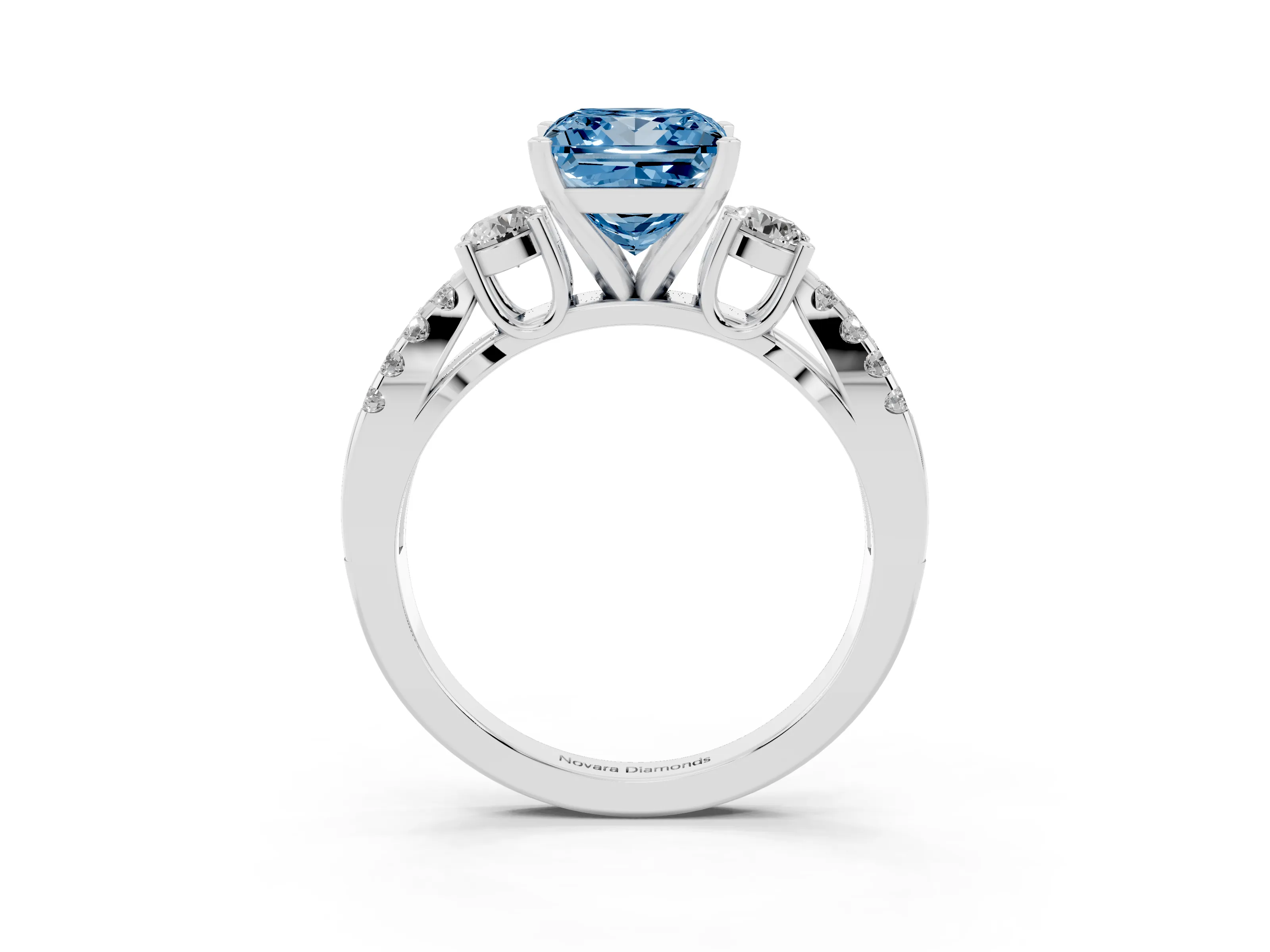 Fancy Blue Princess Cut Diamond Three-Stone Ring Set in Platinum with Pavé Split Shank and Prong Setting