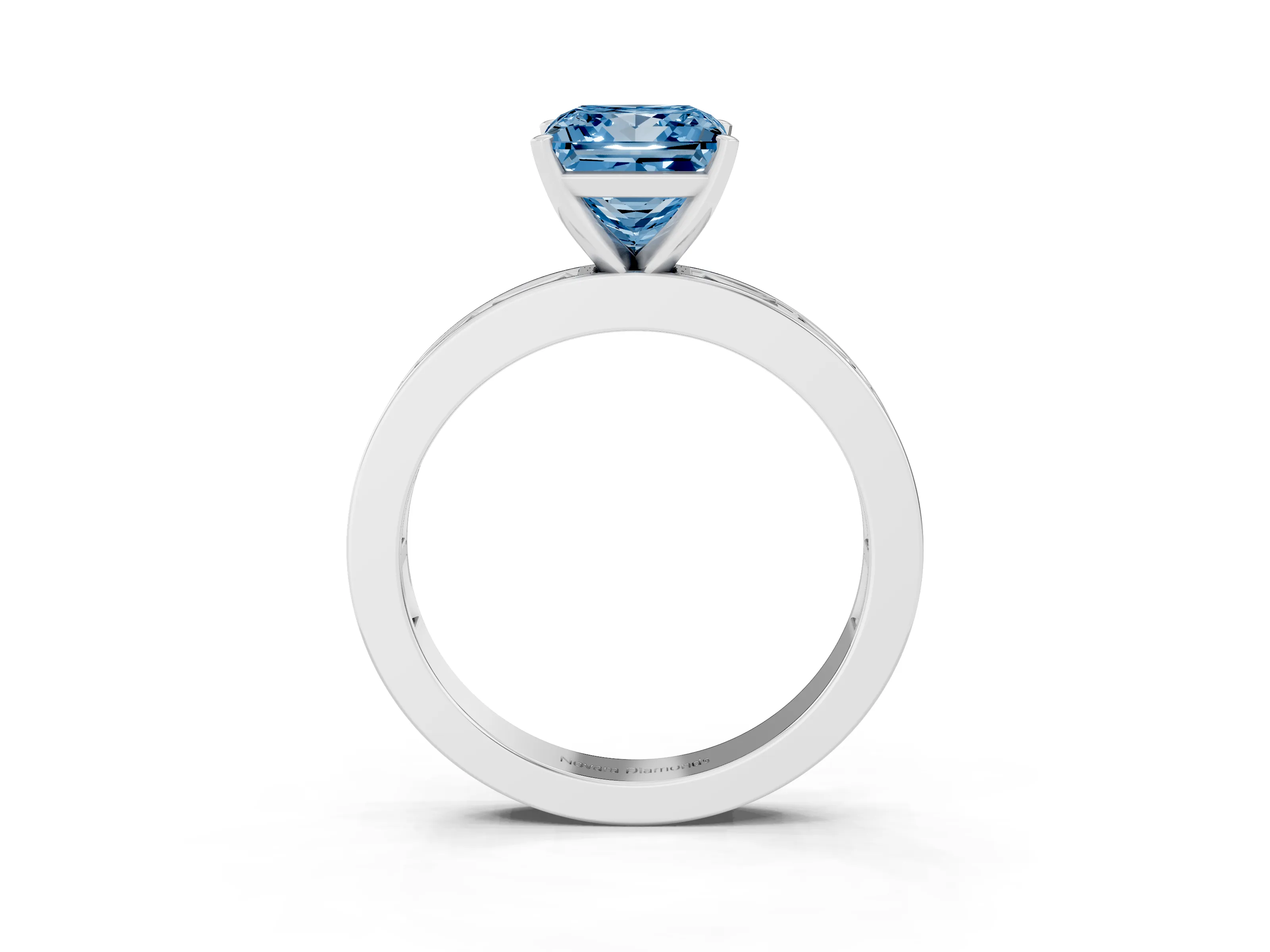 Fancy Blue Princess Cut Diamond Solitaire Ring Set in Platinum with Channel-Set Baguette Band and Prong Setting