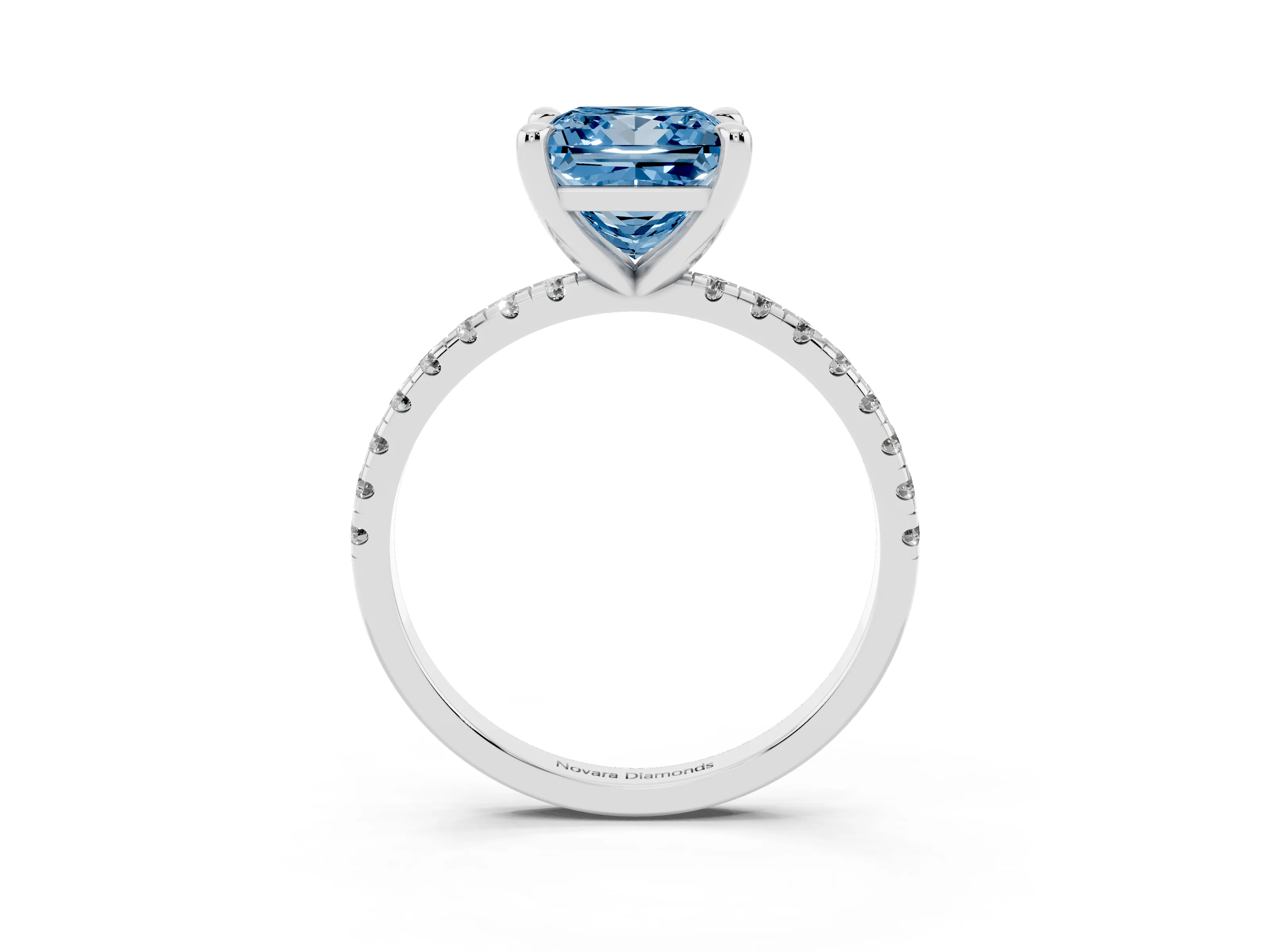 Fancy Blue Princess Cut Diamond Brilliant Solitaire Ring Set in White gold with Pavé Band and Prong Setting