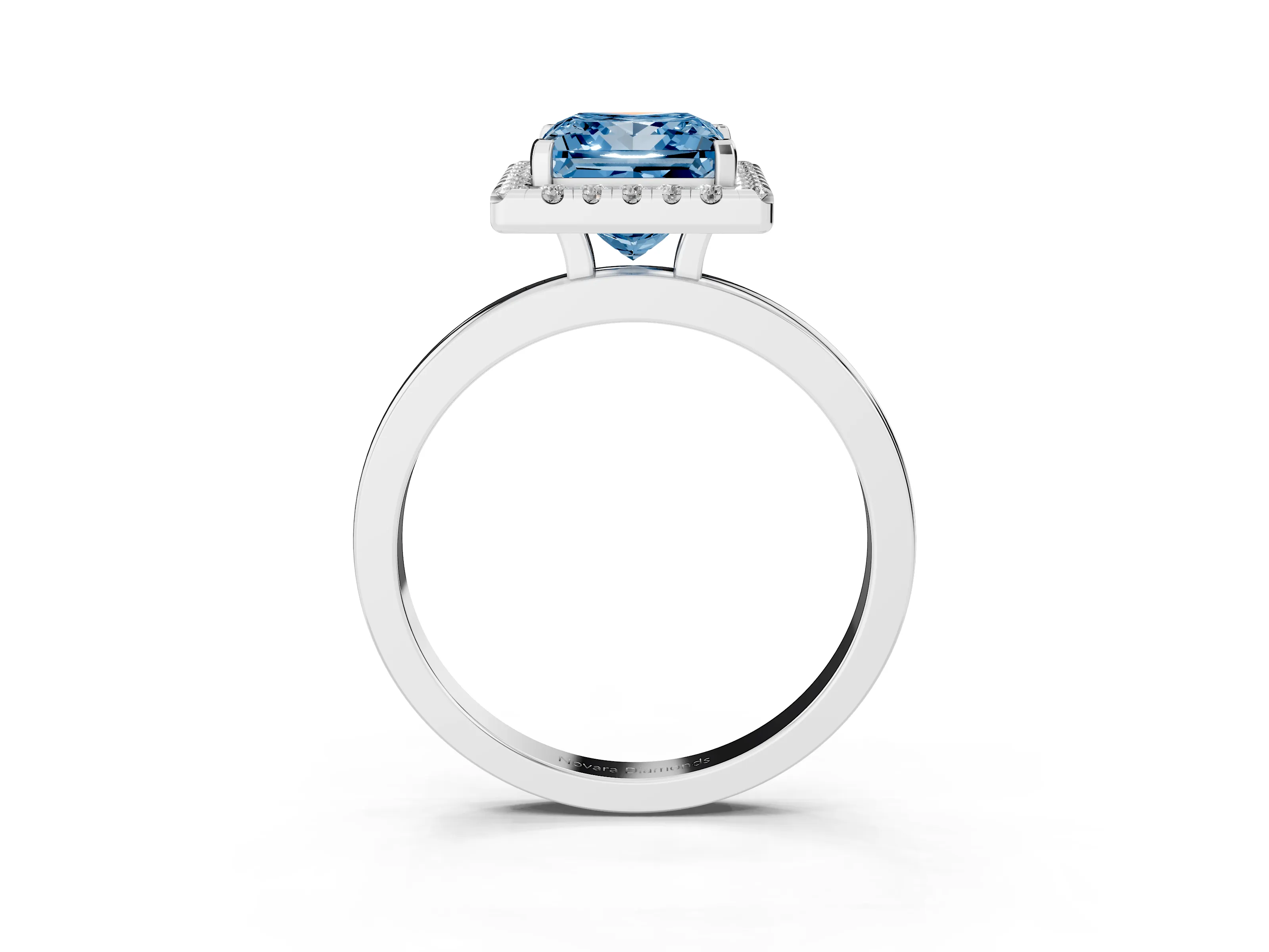 Fancy Blue Princess Cut Diamond Halo Solitaire Ring Set in White gold with Pavé Band and Prong Setting