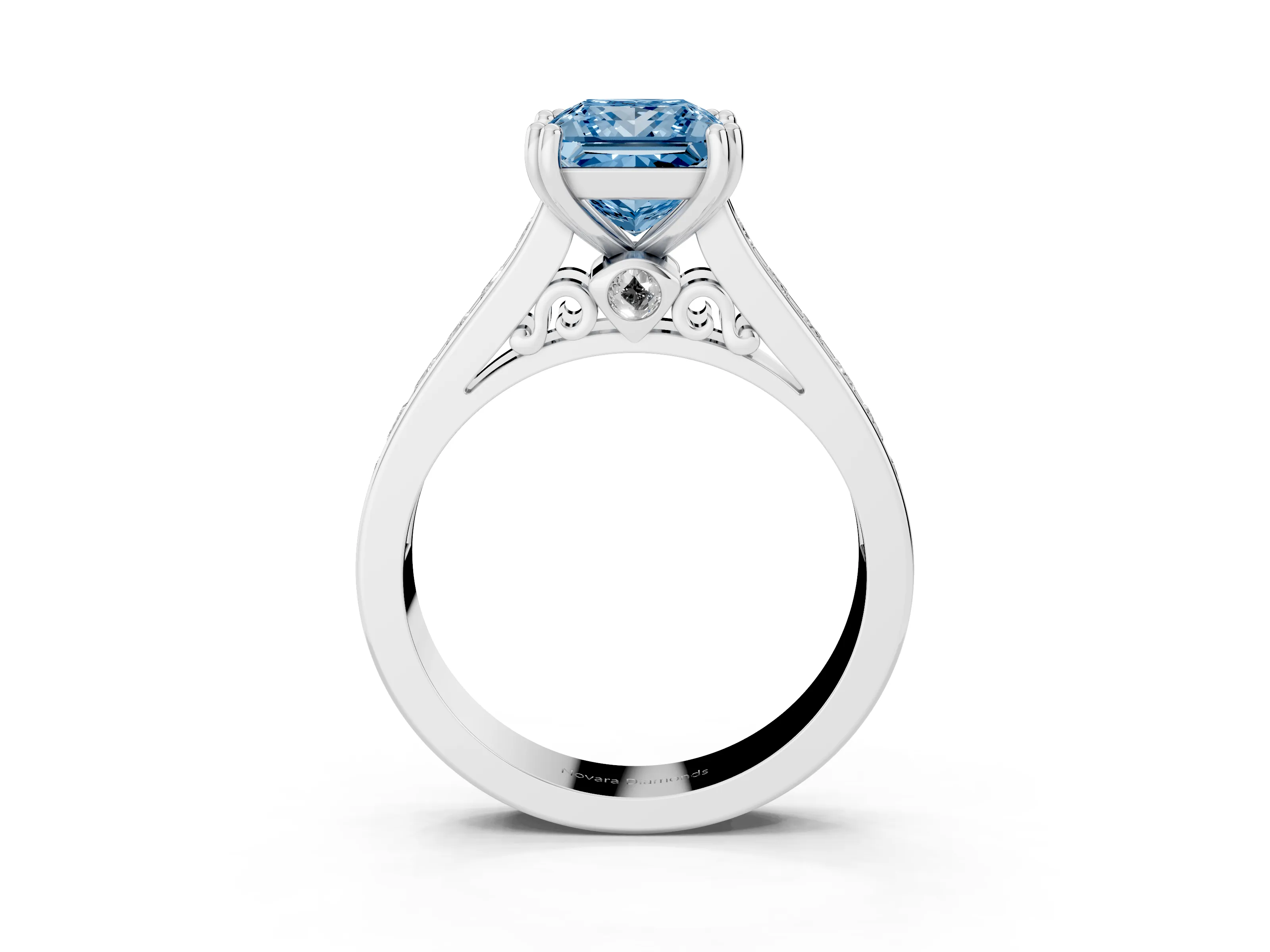 Fancy Blue Princess Cut Diamond Channel Set Solitaire Engagement Ring Set in White gold with Prong Setting