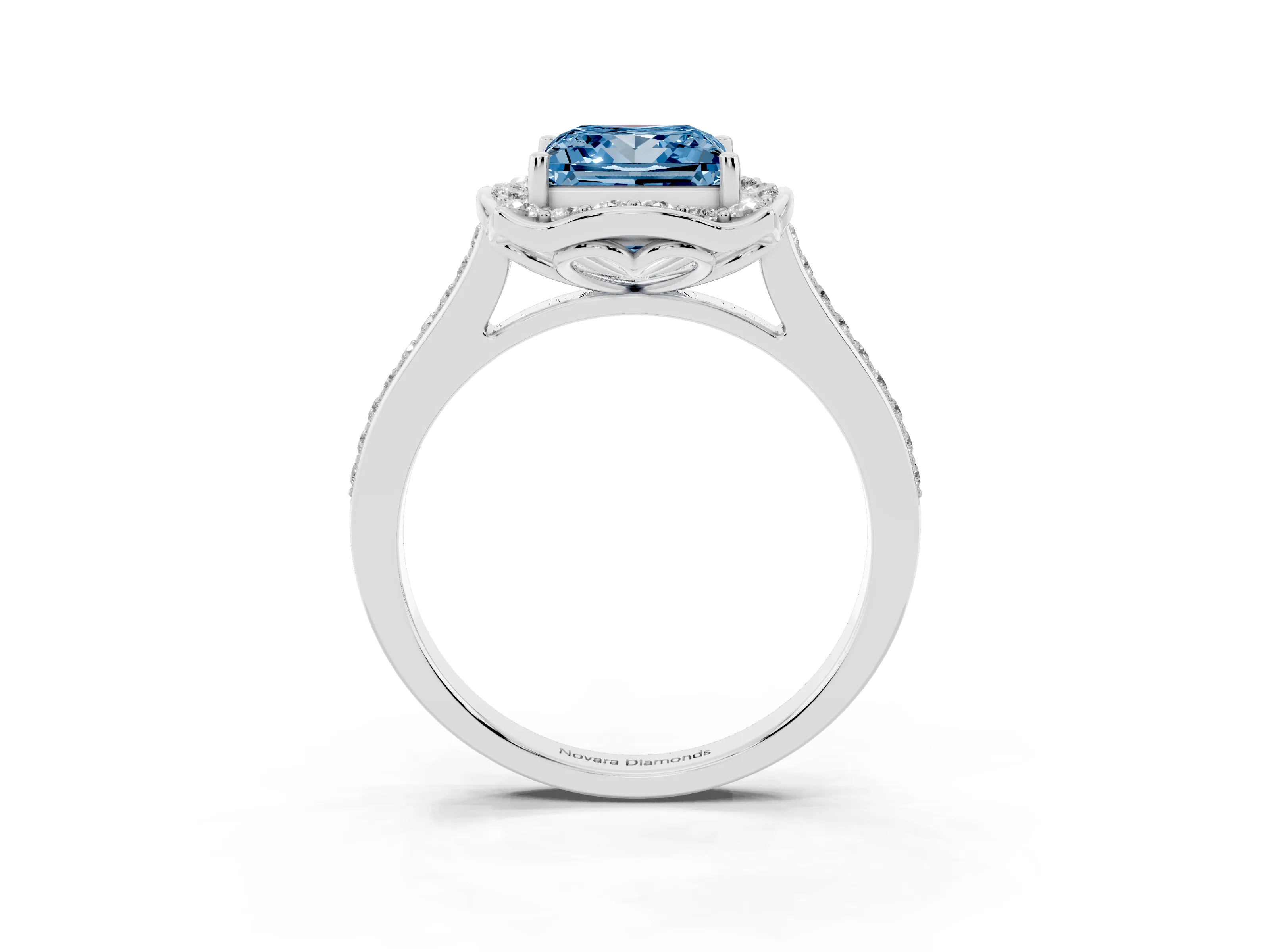 Fancy Blue Princess Cut Diamond Halo Ring Set in Silver with Pavé-Lined Shoulders and Prong Setting