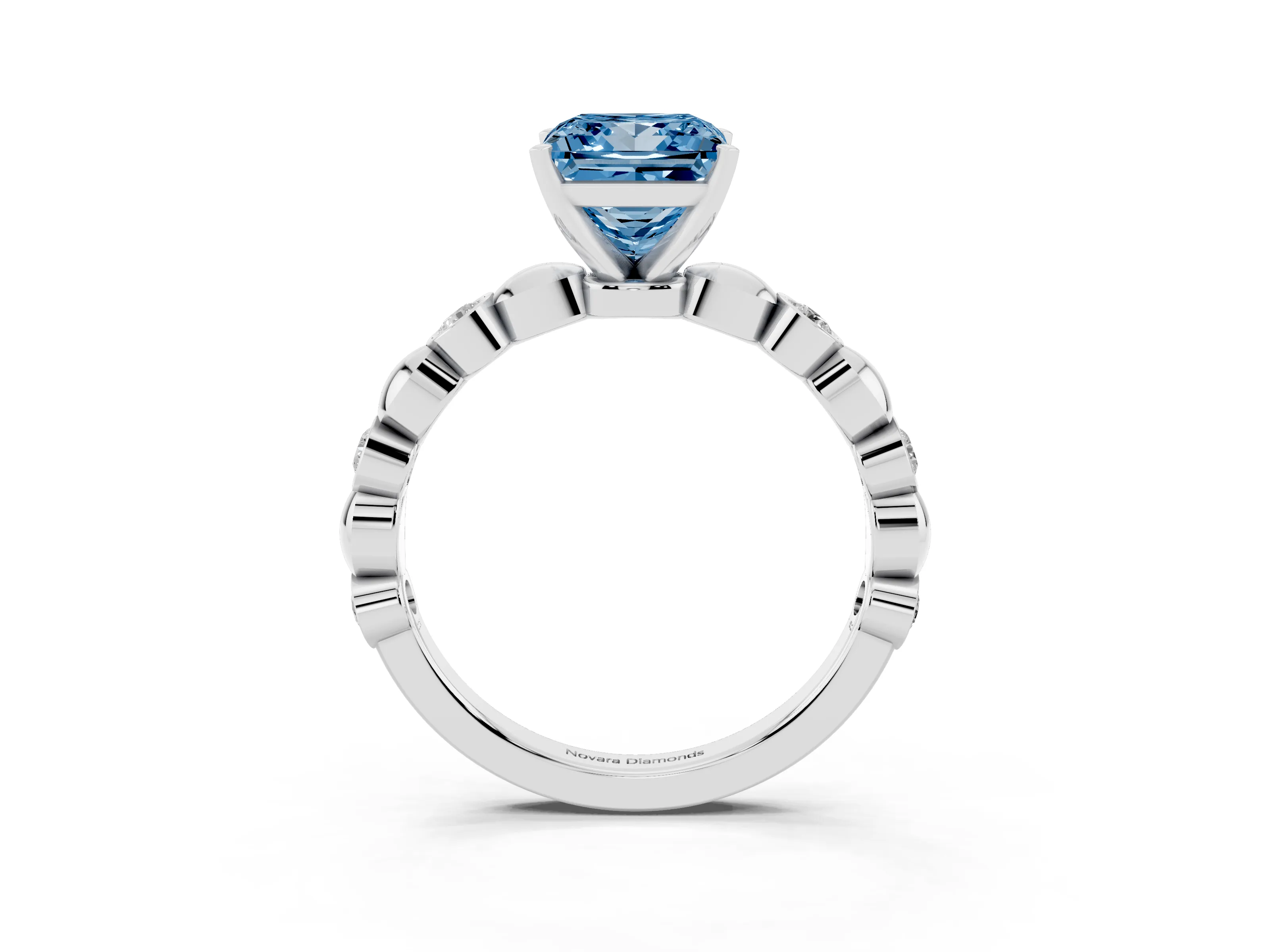 Fancy Blue Princess Cut Diamond Solitaire Ring Set in Silver with Bezel-Set Accents on Beaded Band and Prong Setting
