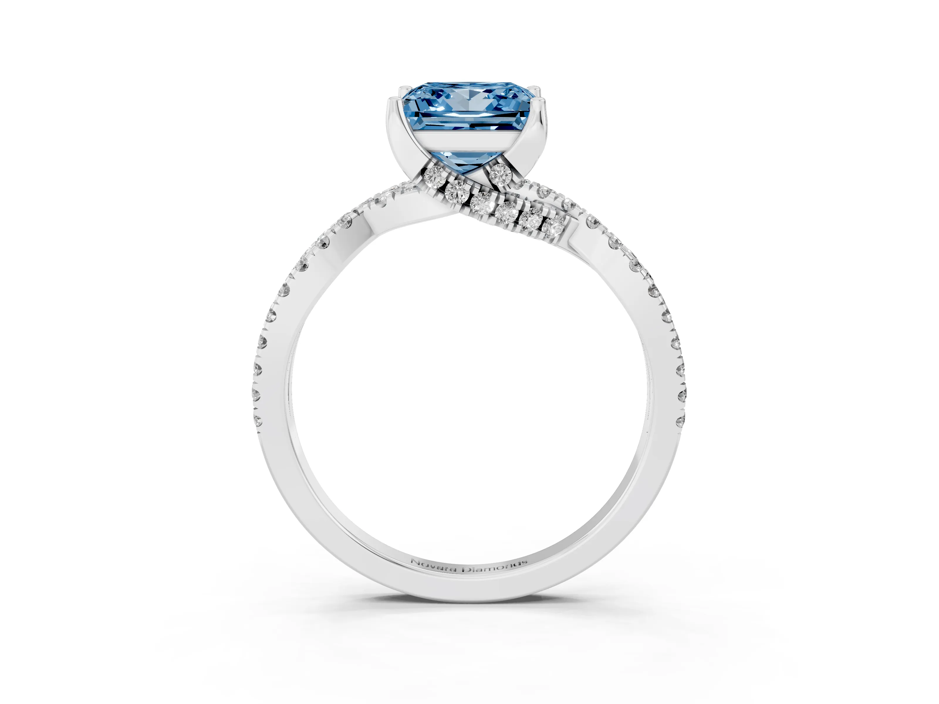 Fancy Blue Princess Cut Diamond Twist Pavé Solitaire Engagement Ring Set in Silver with Prong Setting