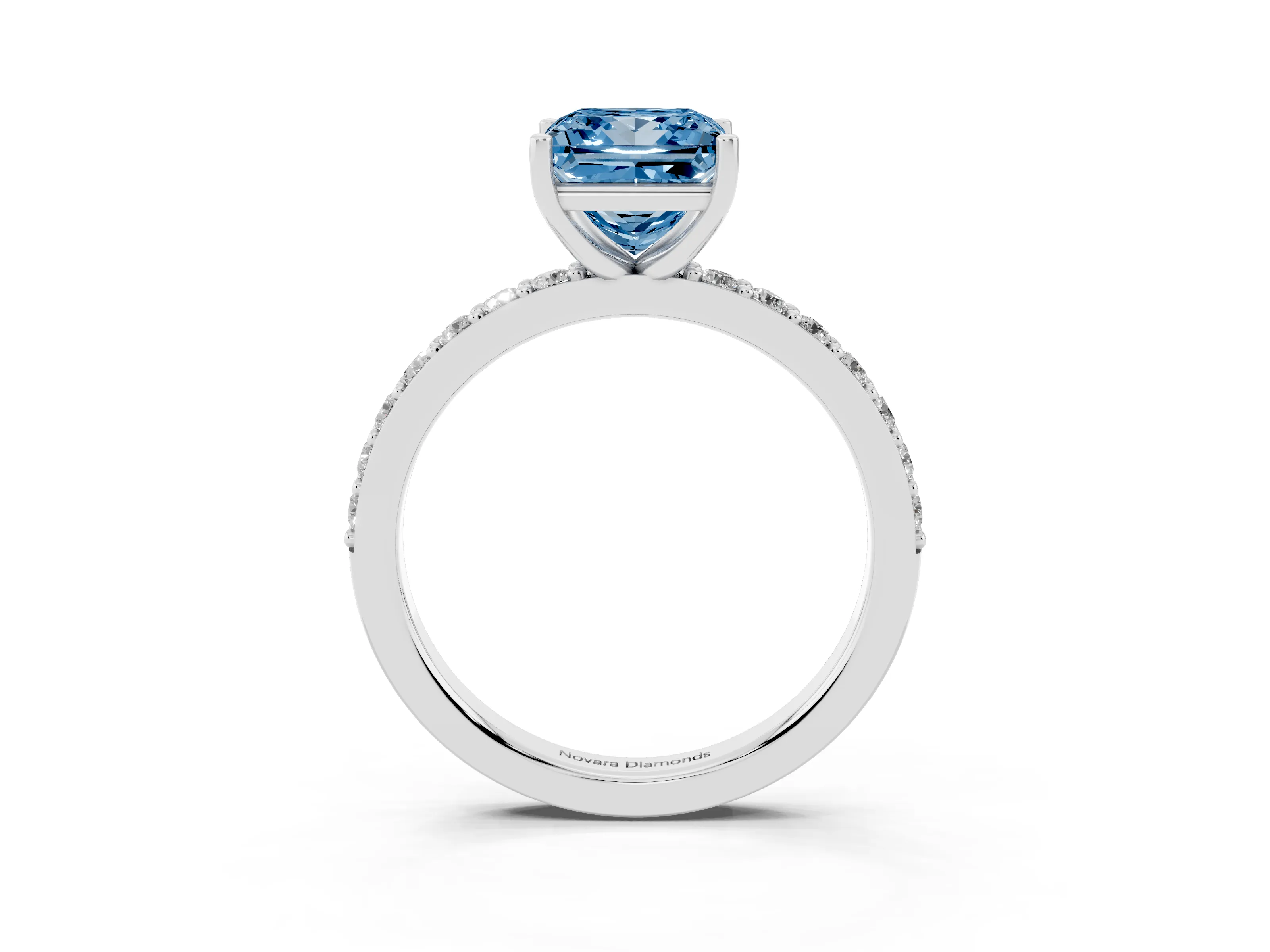 Fancy Blue Princess Cut Diamond Solitaire Set in White gold with Round Pavé Band and Prong Setting