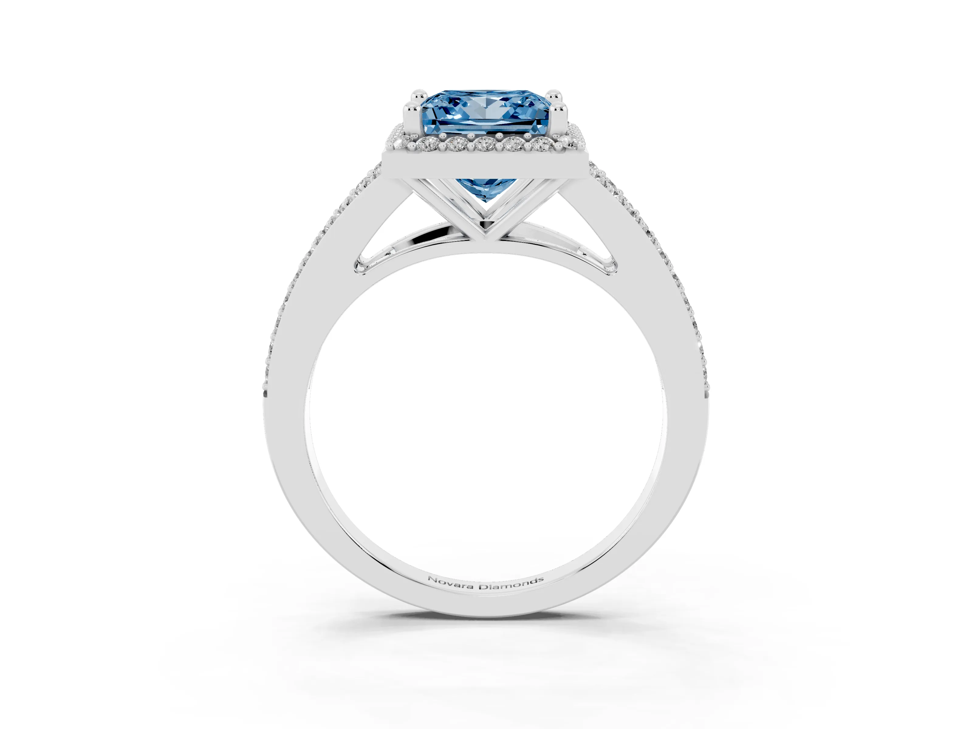 Fancy Blue Princess Cut Diamond Halo Split Shank Pavé Ring Set in White gold with Prong Setting