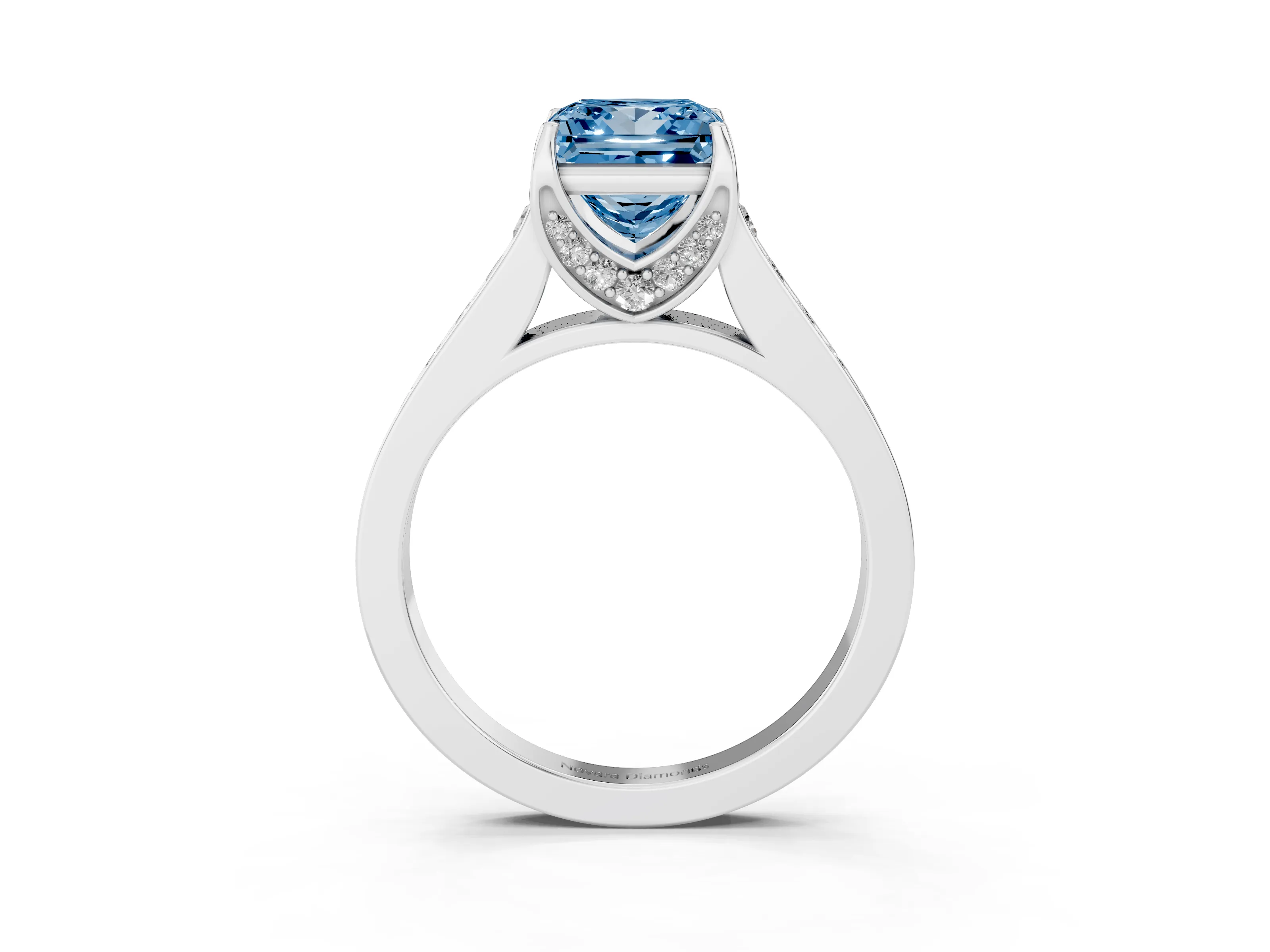 Fancy Blue Princess Cut Diamond Solitaire Pavé Engagement Ring Set in Platinum with Prong Setting