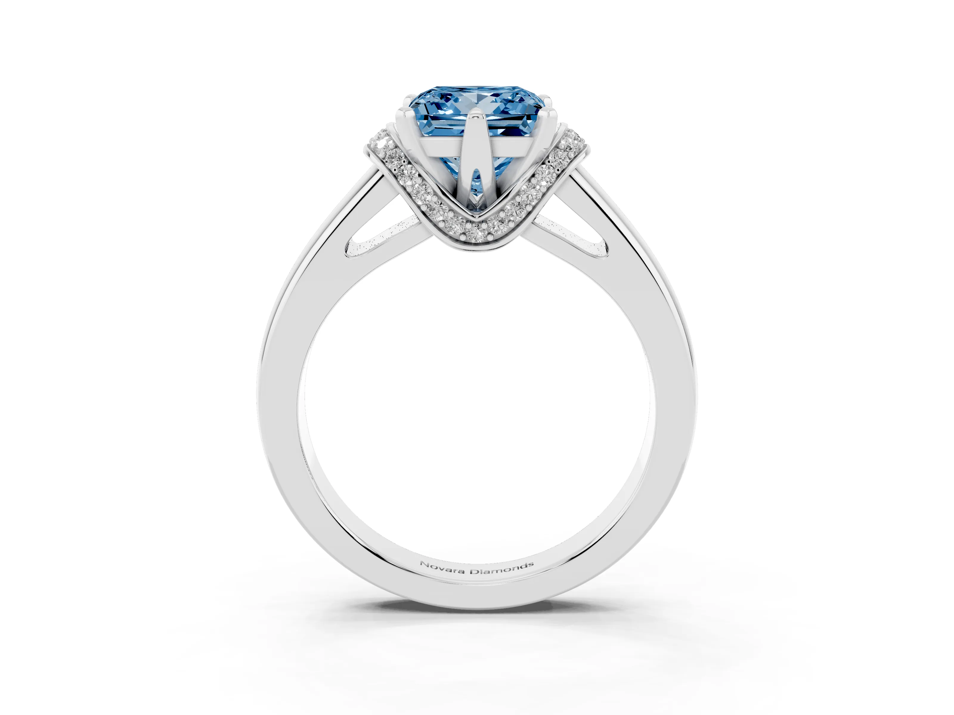 Fancy Blue Princess Cut Diamond Pavé Band Solitaire Ring Set in Silver with Prong Setting