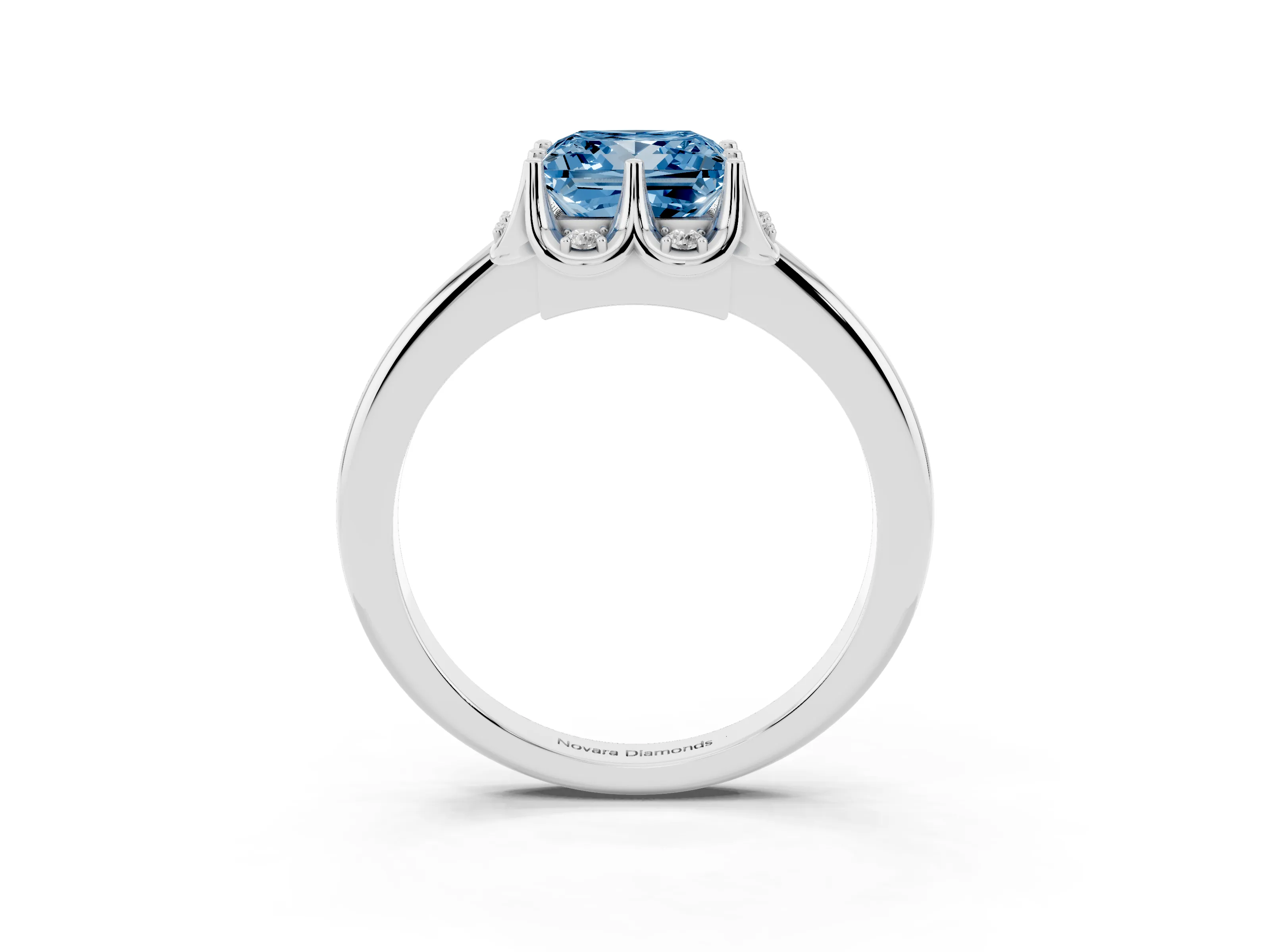 Fancy Blue Princess Cut Diamond Round Cluster Halo Ring Set in Platinum with Solitaire Band and Prong Setting