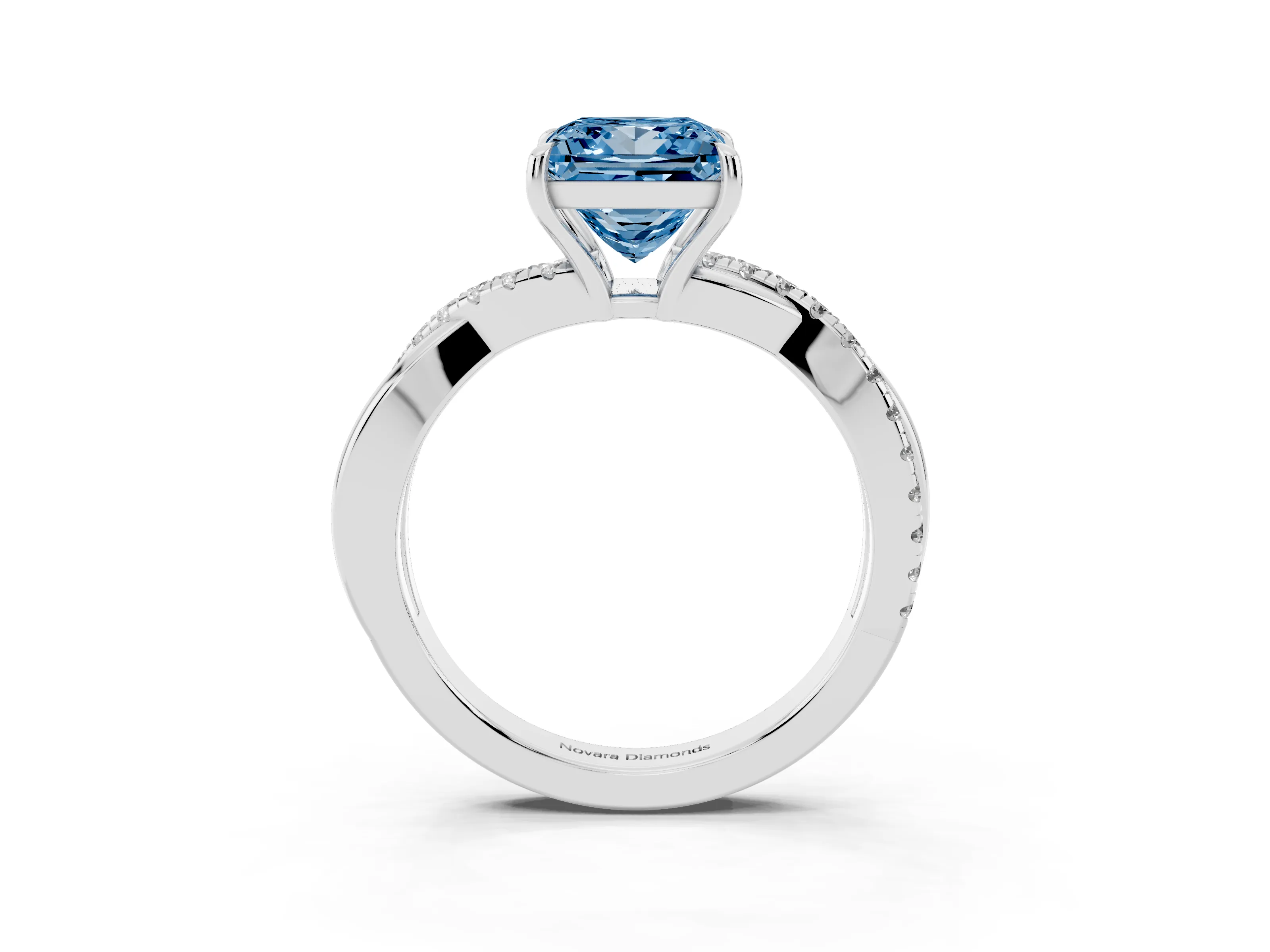 Fancy Blue Princess Cut Diamond Twisted Pavé Band Ring Set in Silver with Prong Setting