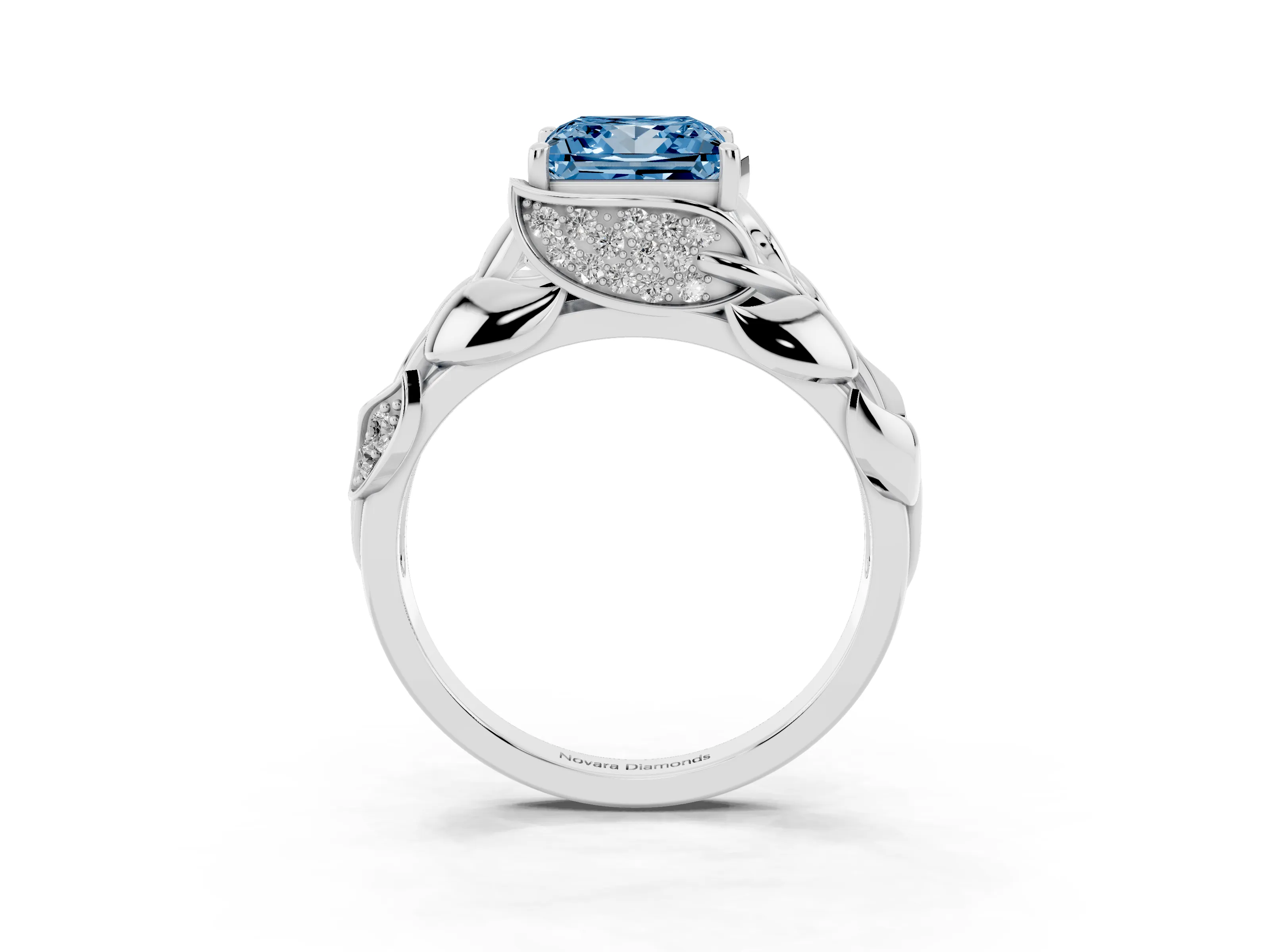 Fancy Blue Princess Cut Diamond Leaf-Inspired Engagement Ring Set in White gold with Round Accents