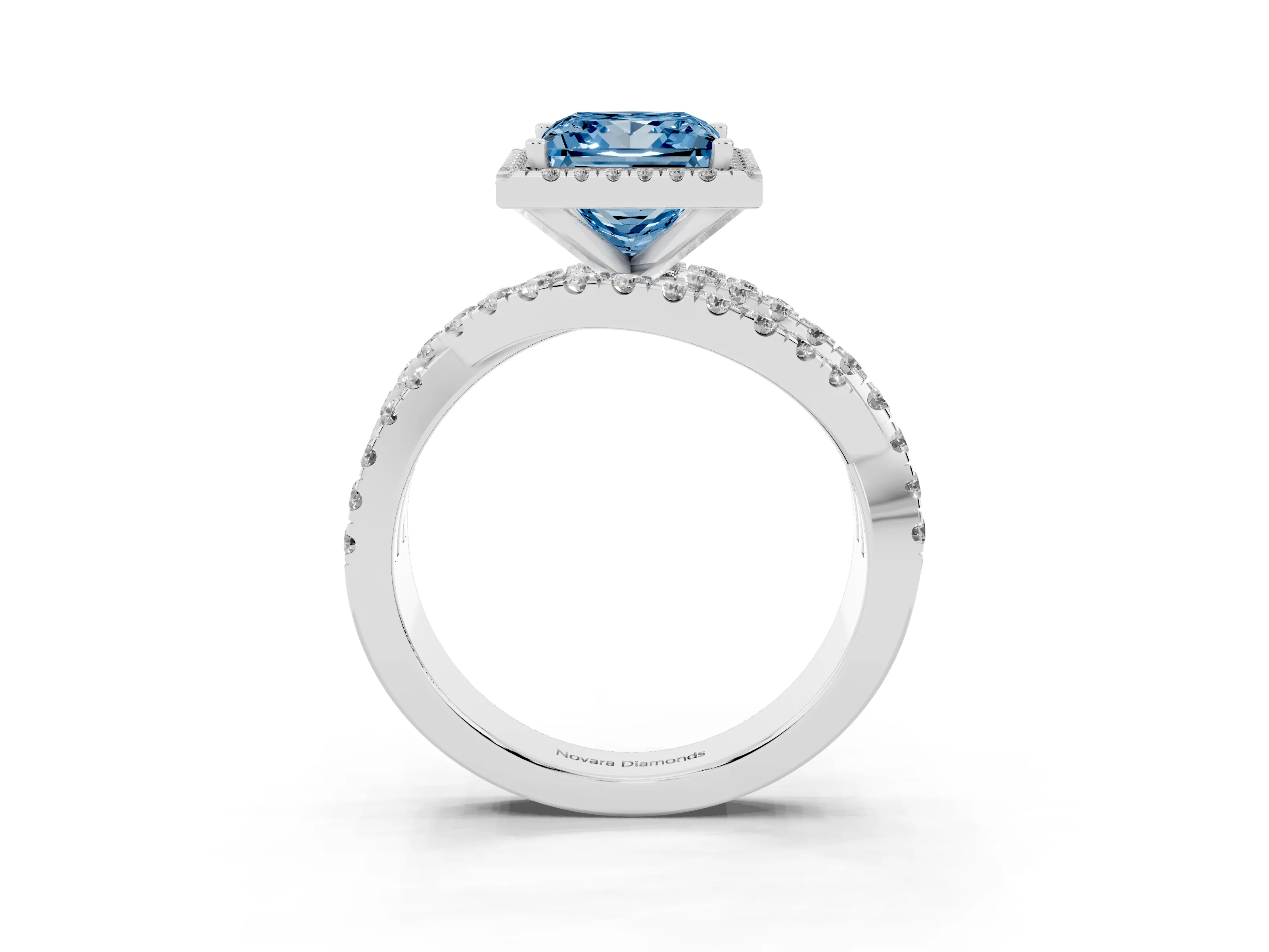 Fancy Blue Princess Cut Diamond Halo Ring Set in Platinum with Round Crossover Split Shank and Prong Setting