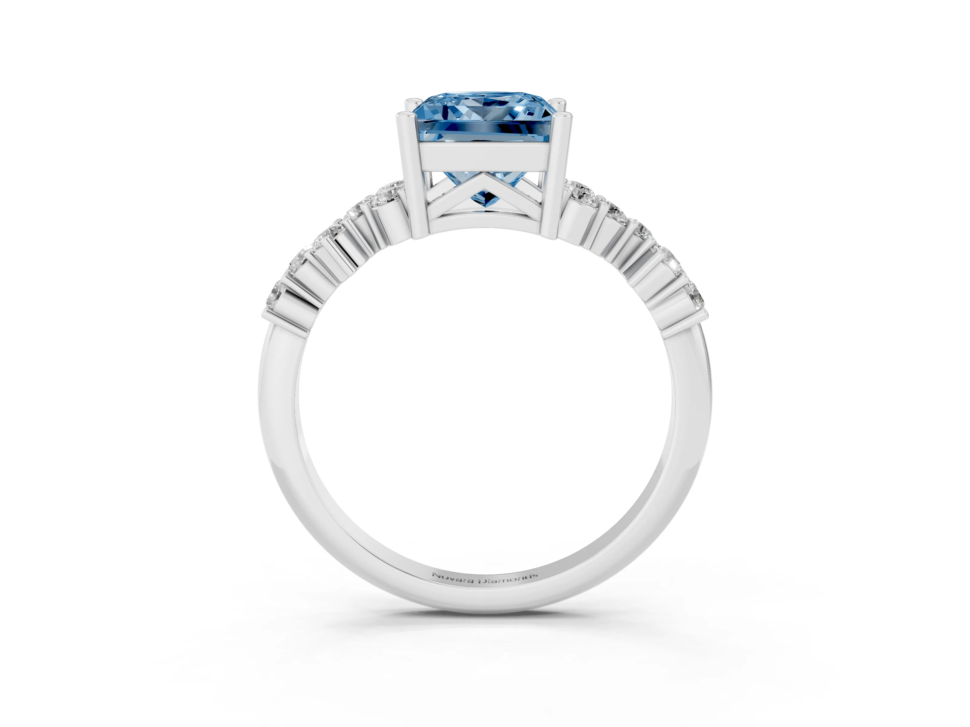 Fancy Blue Princess Cut Diamond Ring Set in White gold with Scattered Round Accents