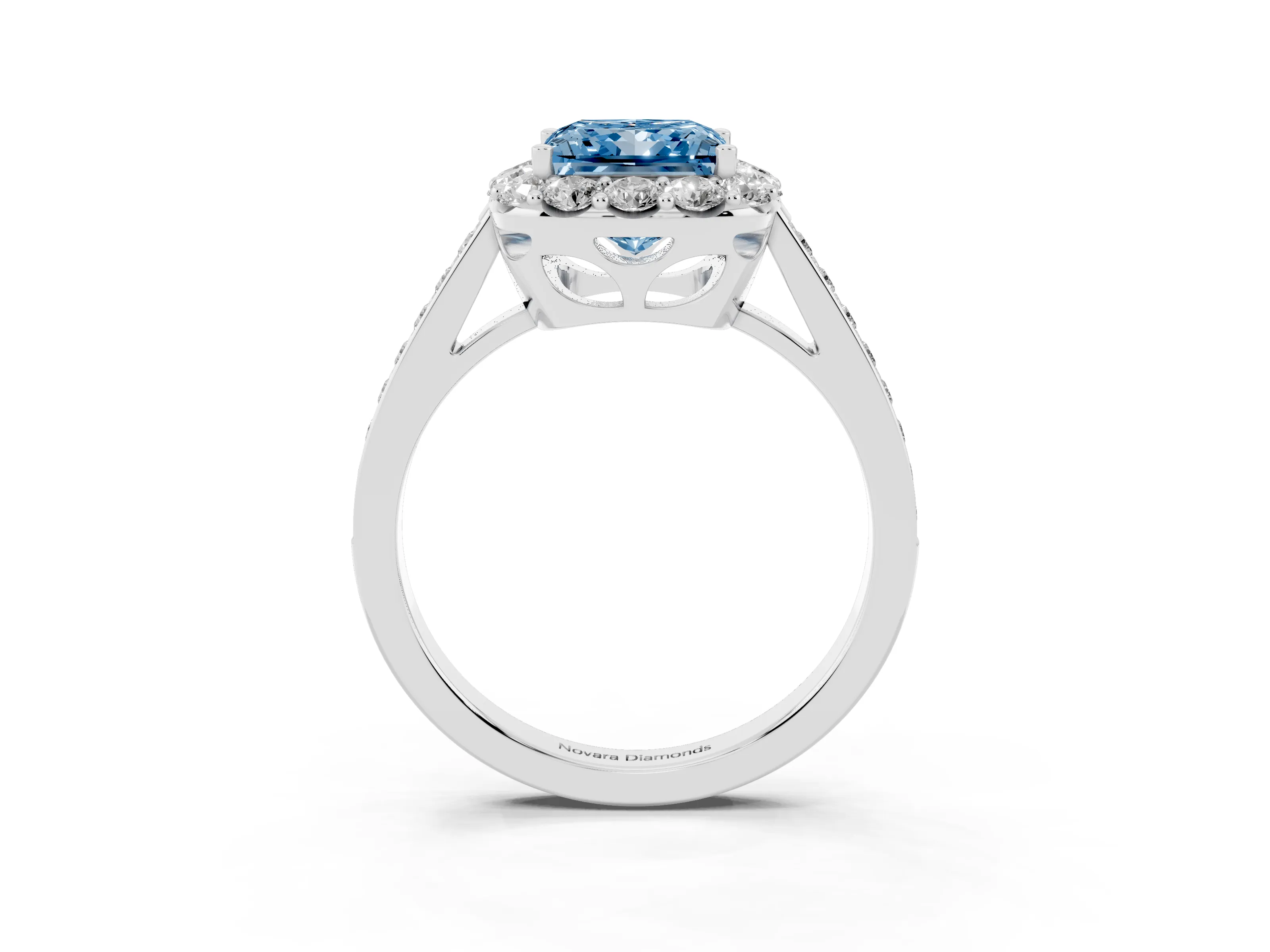 Fancy Blue Princess Cut Diamond Floral Halo Ring Set in Platinum with Pavé Band and Prong Setting