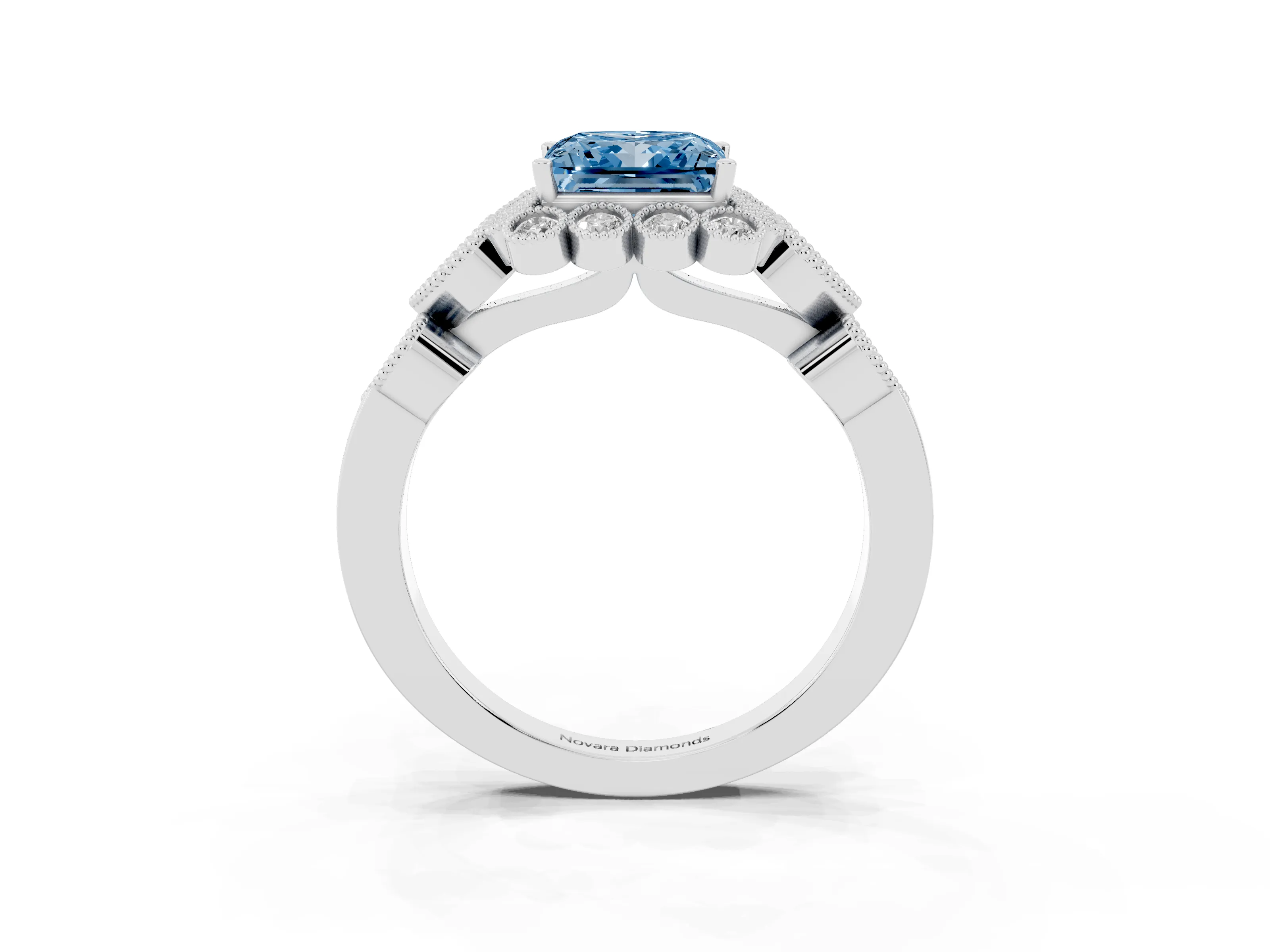 Fancy Blue Princess Cut Diamond Solitaire Ring Set in White gold with Milgrain Pavé Heart Band