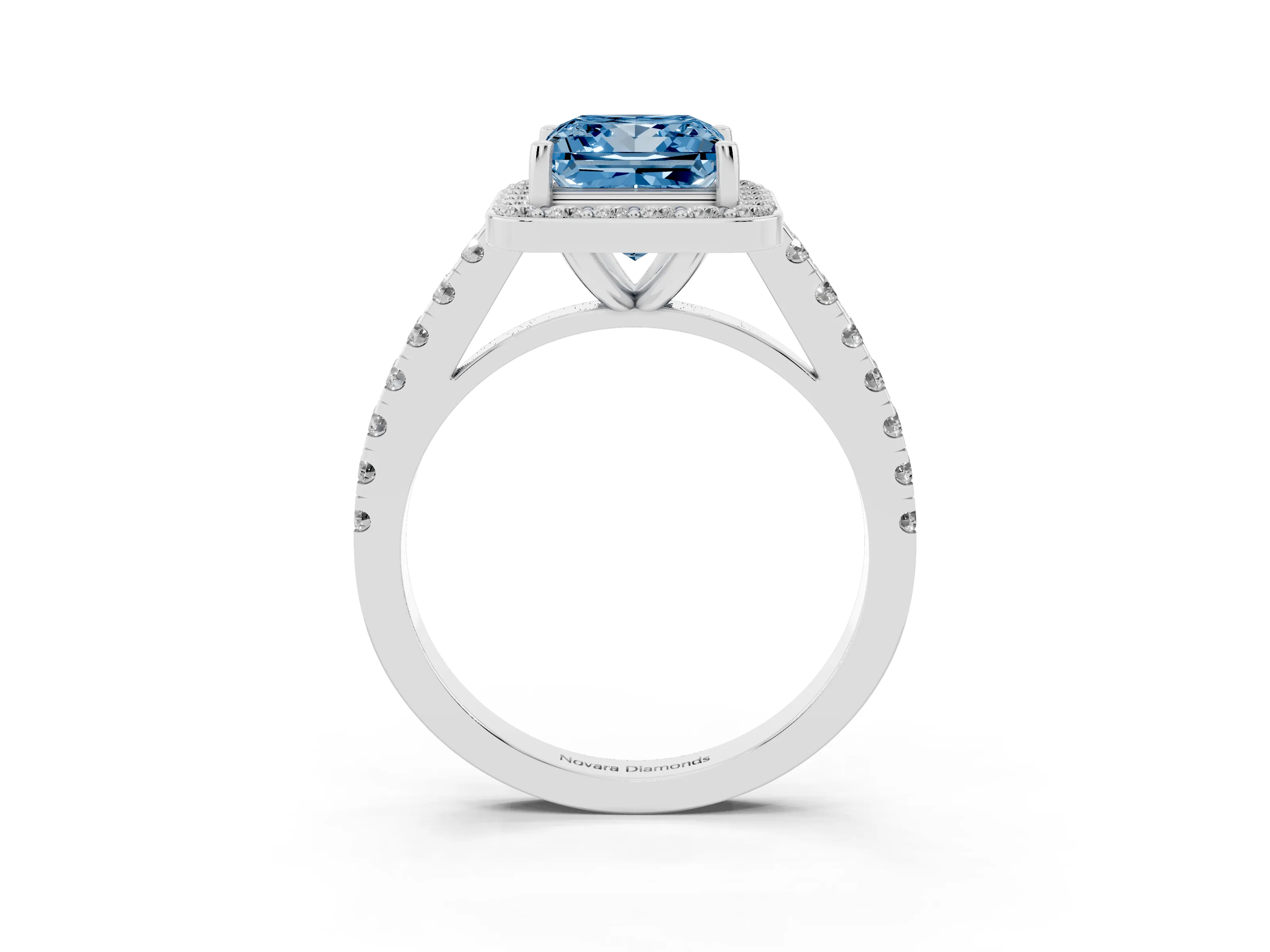 Fancy Blue Princess Cut Diamond Halo Ring Set in Platinum with Round Pavé Split Shank and Prong Setting