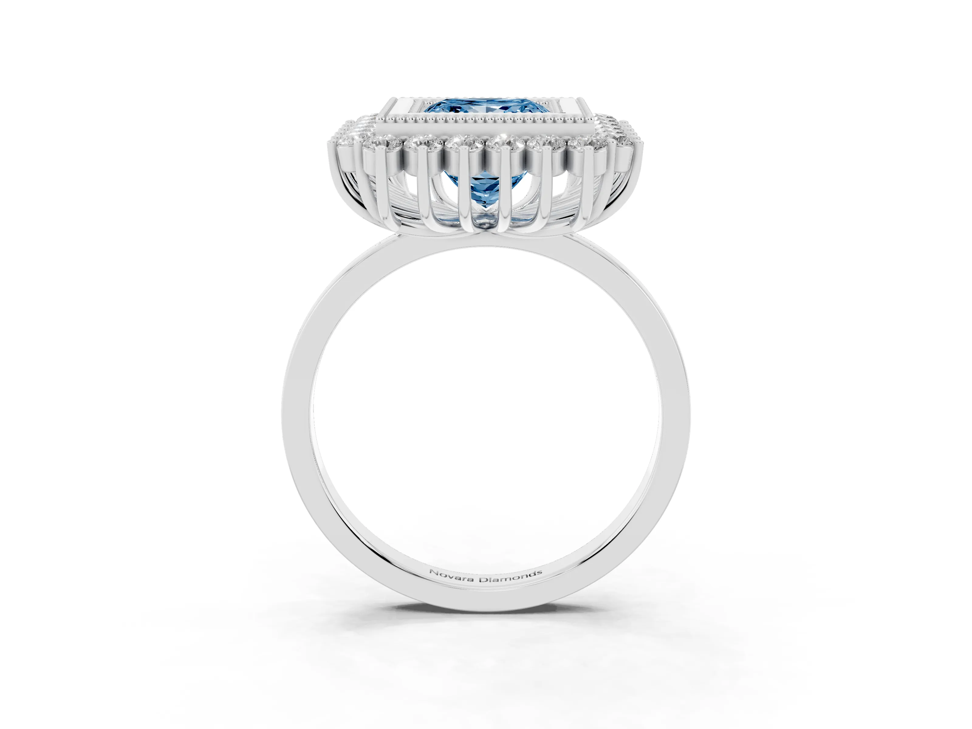 Fancy Blue Princess Cut Diamond Halo Ring Set in Silver with Milgrain Edge and Round Prong Setting
