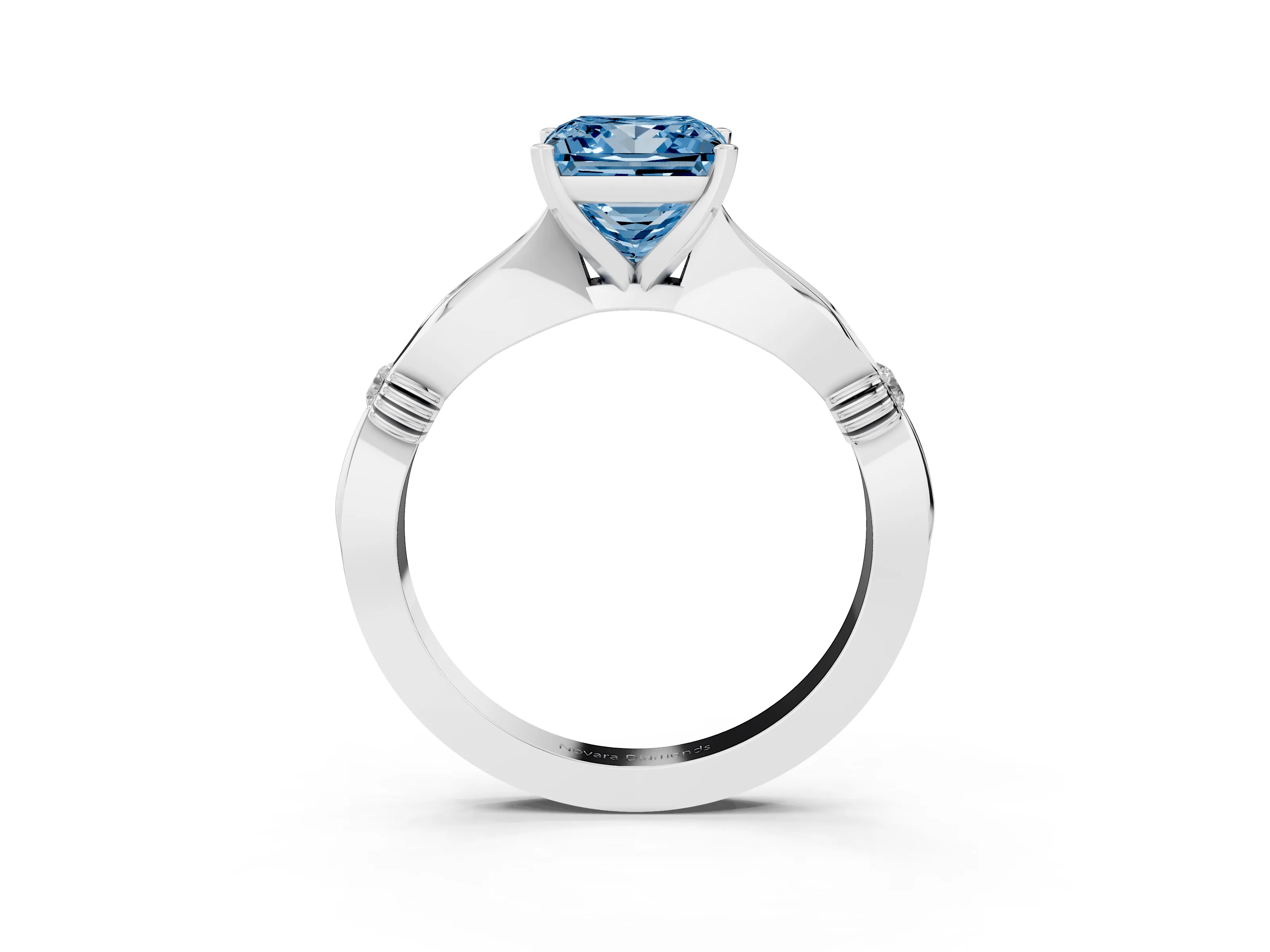Fancy Blue Princess Cut Diamond Solitaire Twisted Band Ring Set in White gold with Accent Stones and Prong Setting
