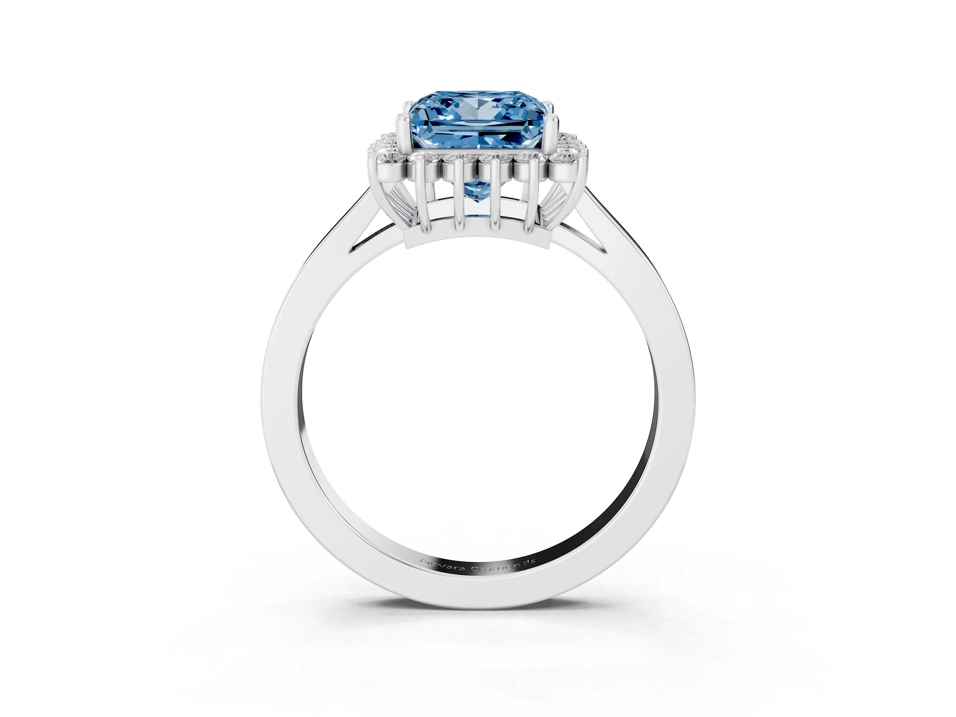 Fancy Blue Princess Cut Diamond Halo Ring Set in Platinum with Round Halo and Smooth Solitaire Band