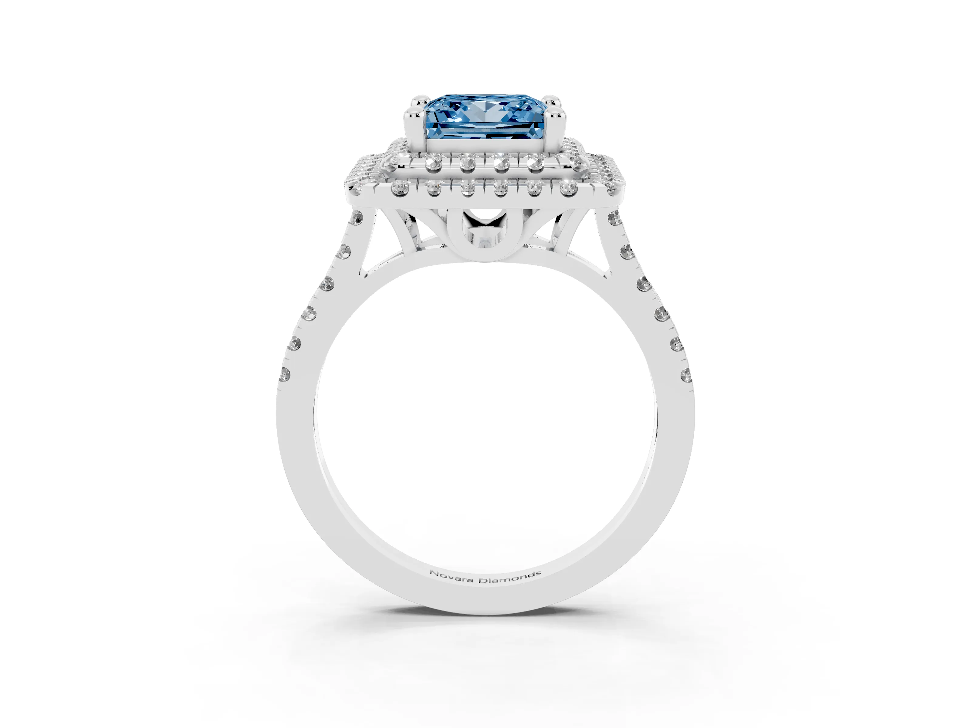 Fancy Blue Princess Cut Diamond Double Halo Statement Ring Set in White gold with Pavé Band