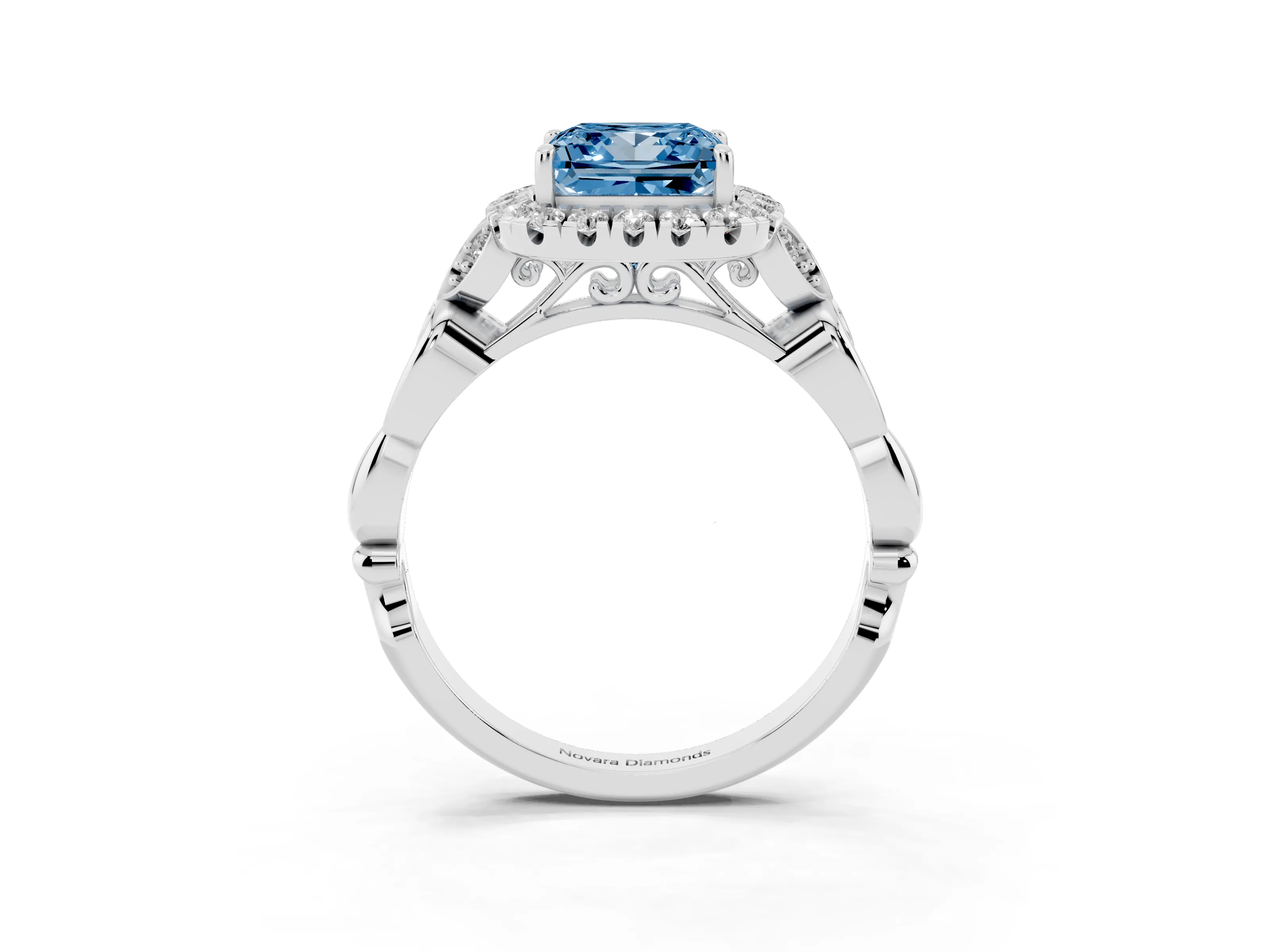 Fancy Blue Princess Cut Diamond Halo Engagement Ring Set in Platinum with Vintage-Inspired Band and Prong Setting