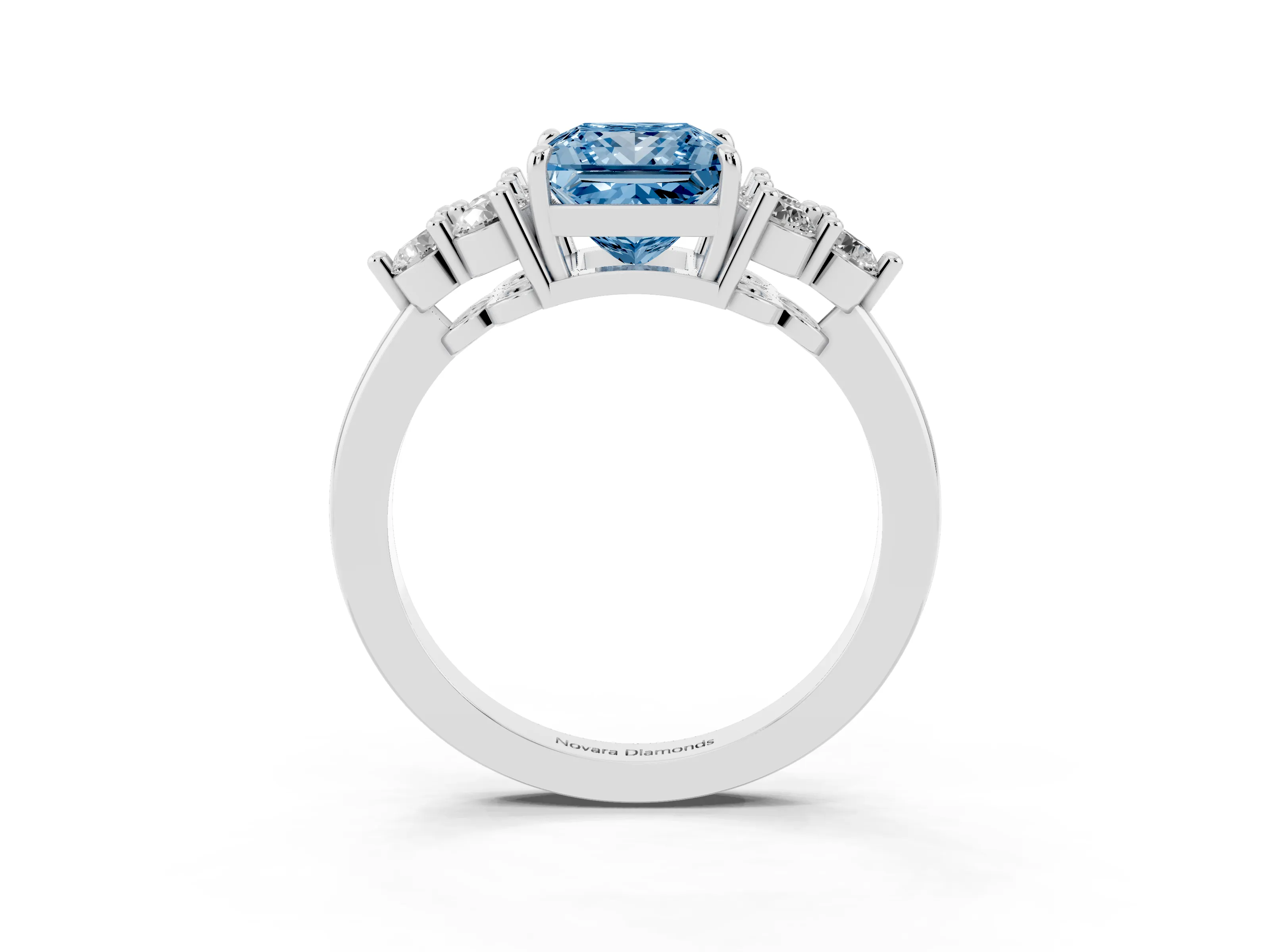 Fancy Blue Princess Cut Diamond Solitaire Ring Set in Platinum with Cluster Accents on Each Side