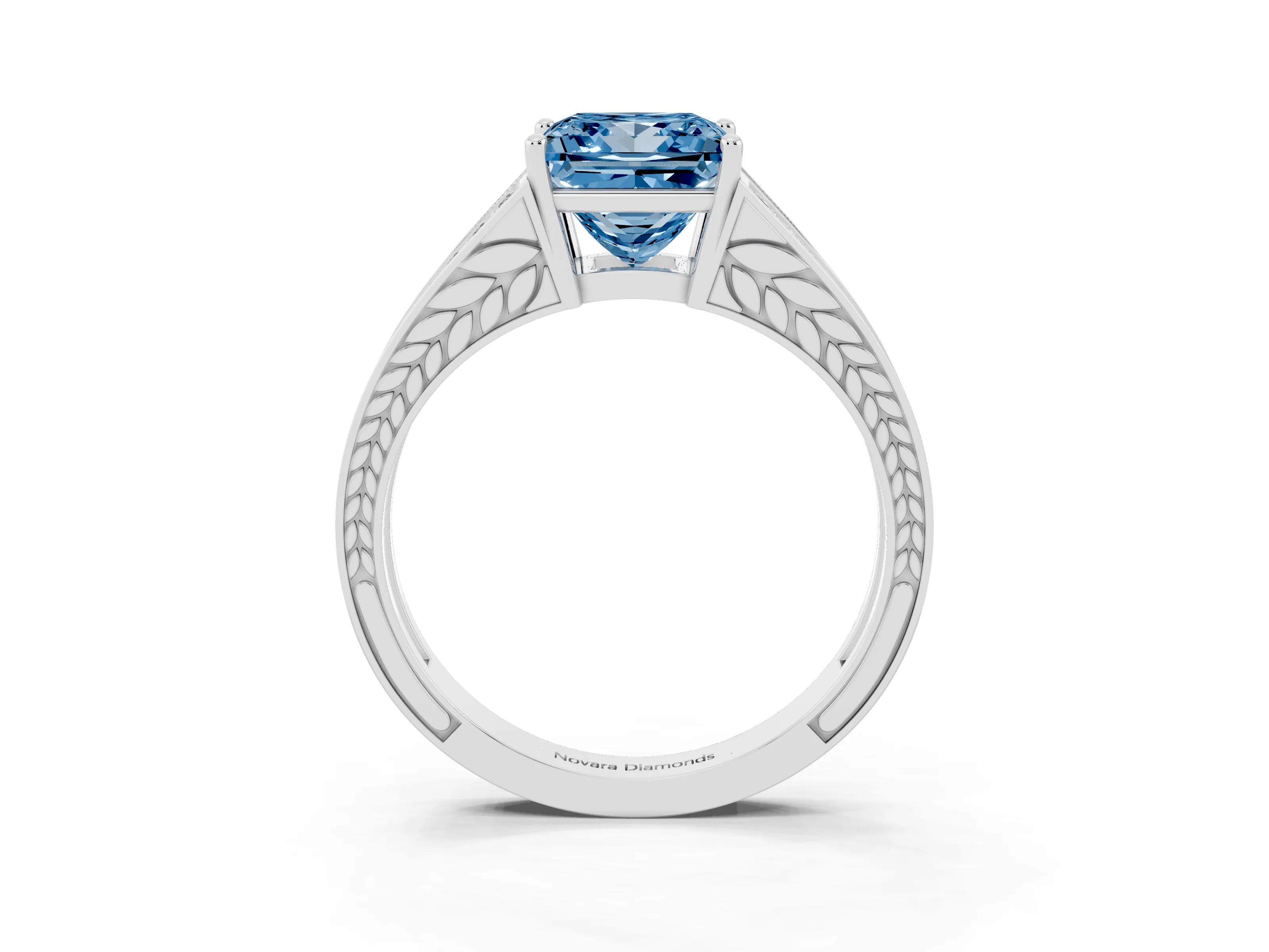 Fancy Blue Princess Cut Diamond Split Shank Ring Set in White gold with Pavé Band and Prong Setting