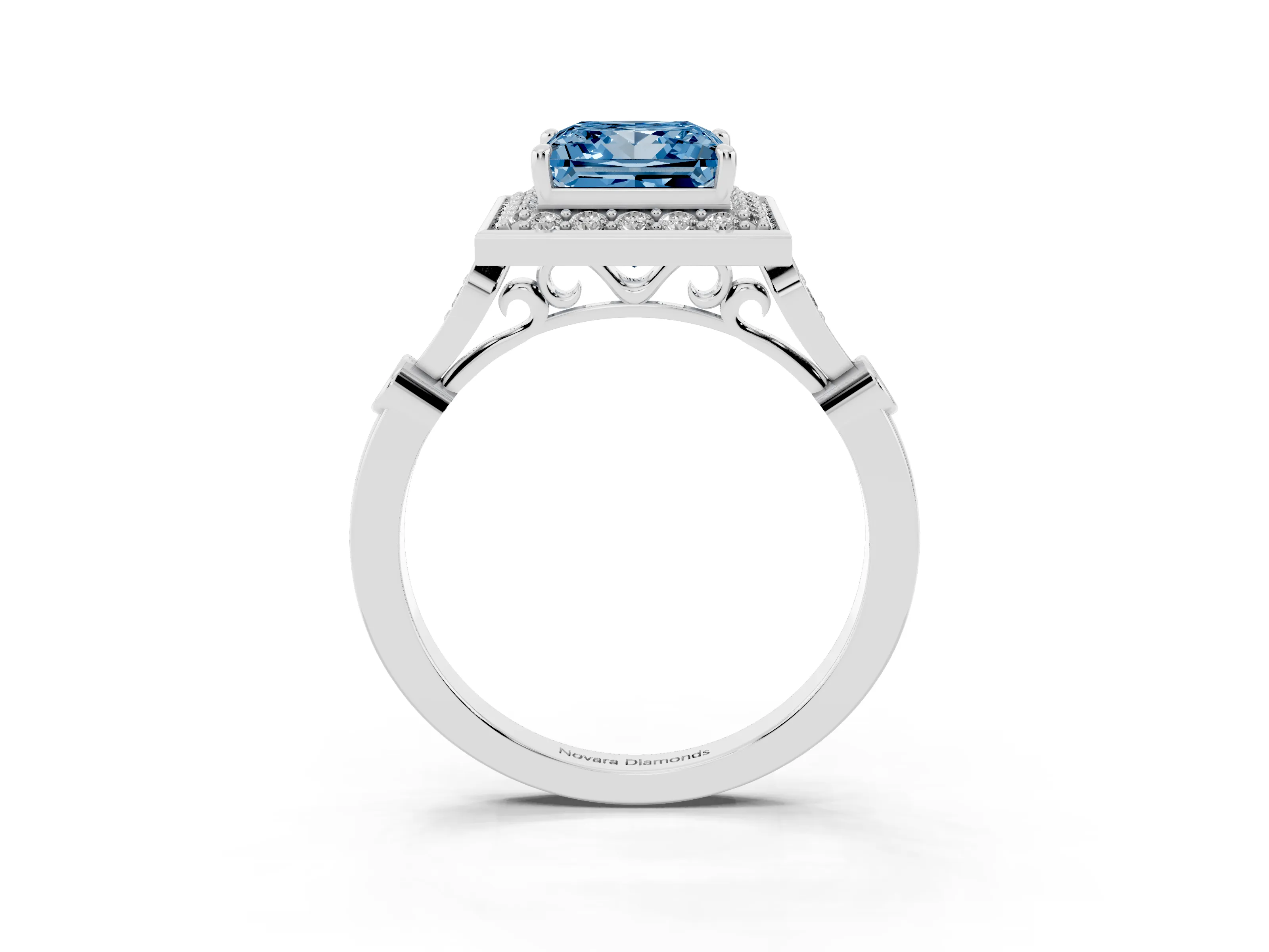 Fancy Blue Princess Cut Diamond Halo Engagement Ring Set in White gold with Twisted Band and Prong Setting