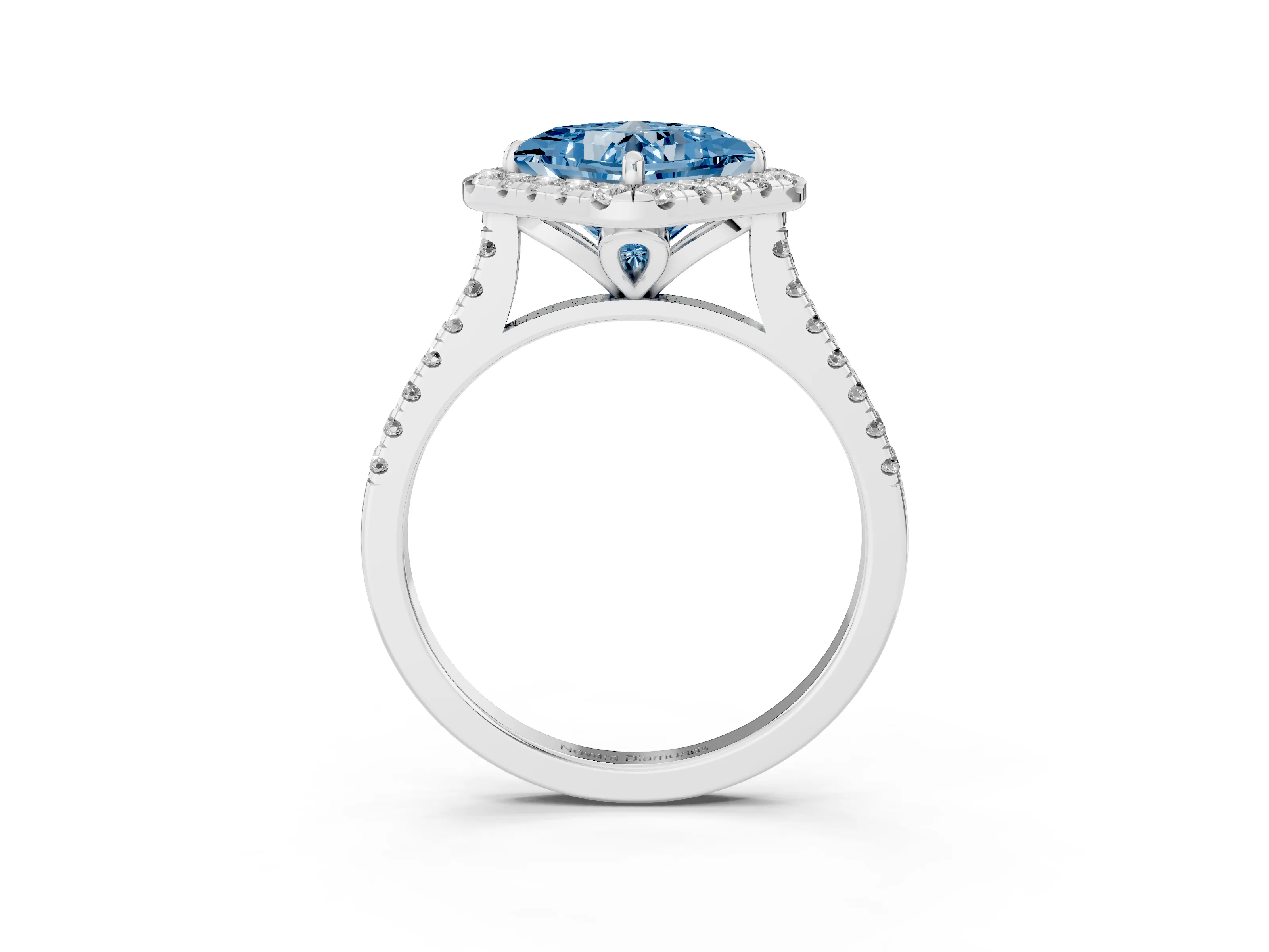 Fancy Blue Princess Cut Diamond Cushion Halo Ring Set in Silver with Pavé Band