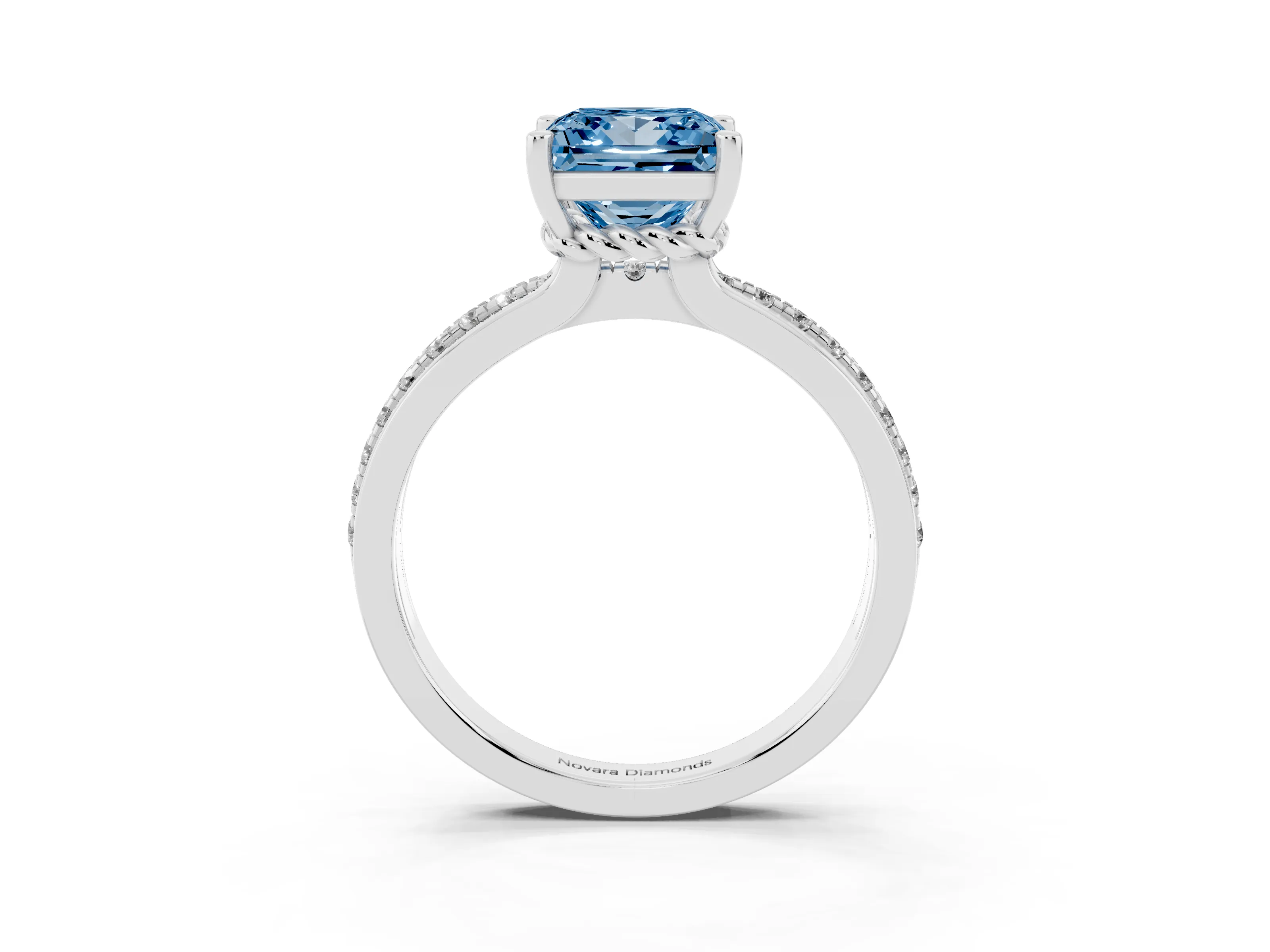 Fancy Blue Princess Cut Diamond Solitaire Ring Set in White gold with Channel Set Band and Prong Setting