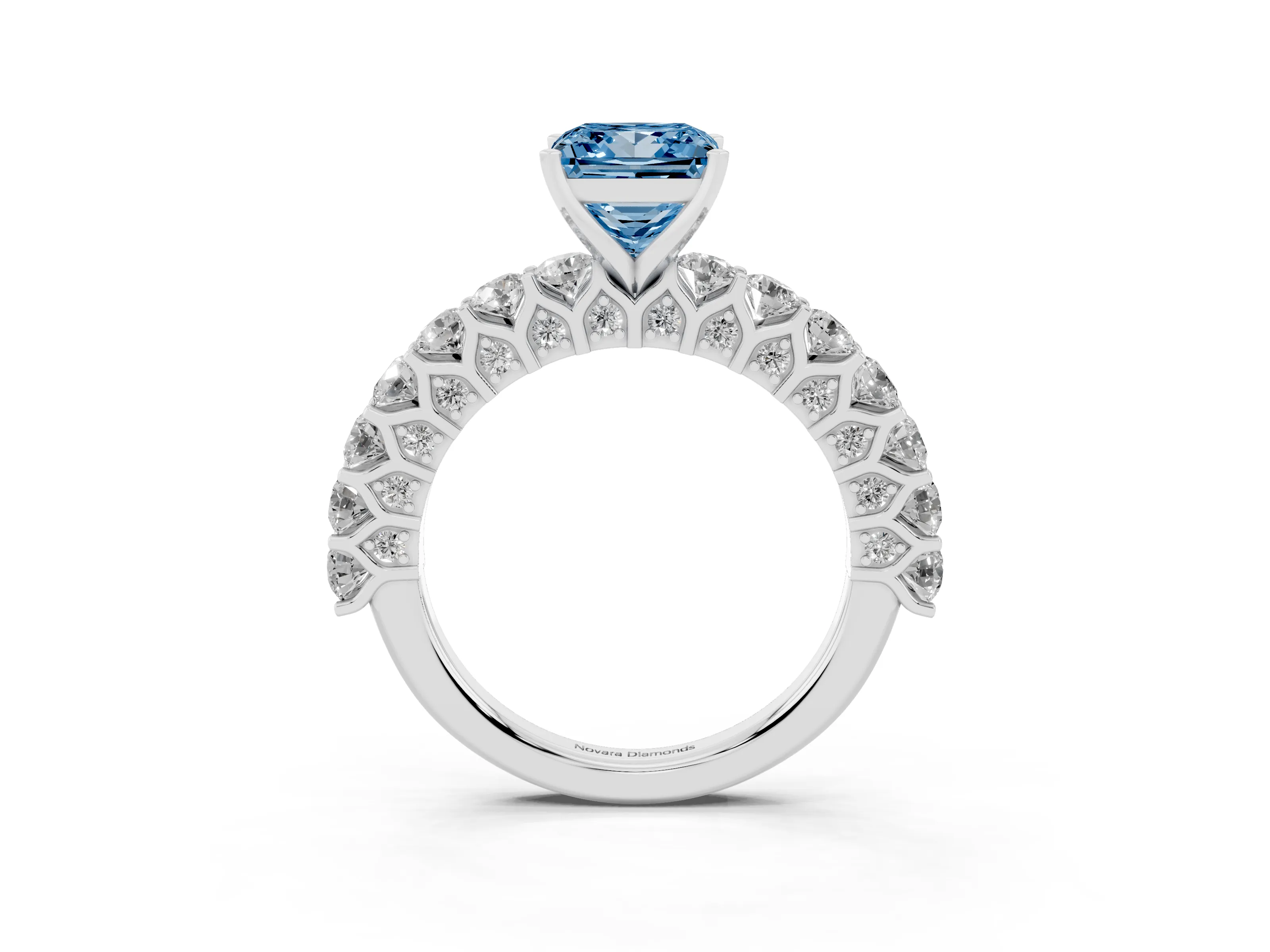 Fancy Blue Princess Cut Diamond Solitaire Ring Set in Silver with Shared Prong Pavé Band