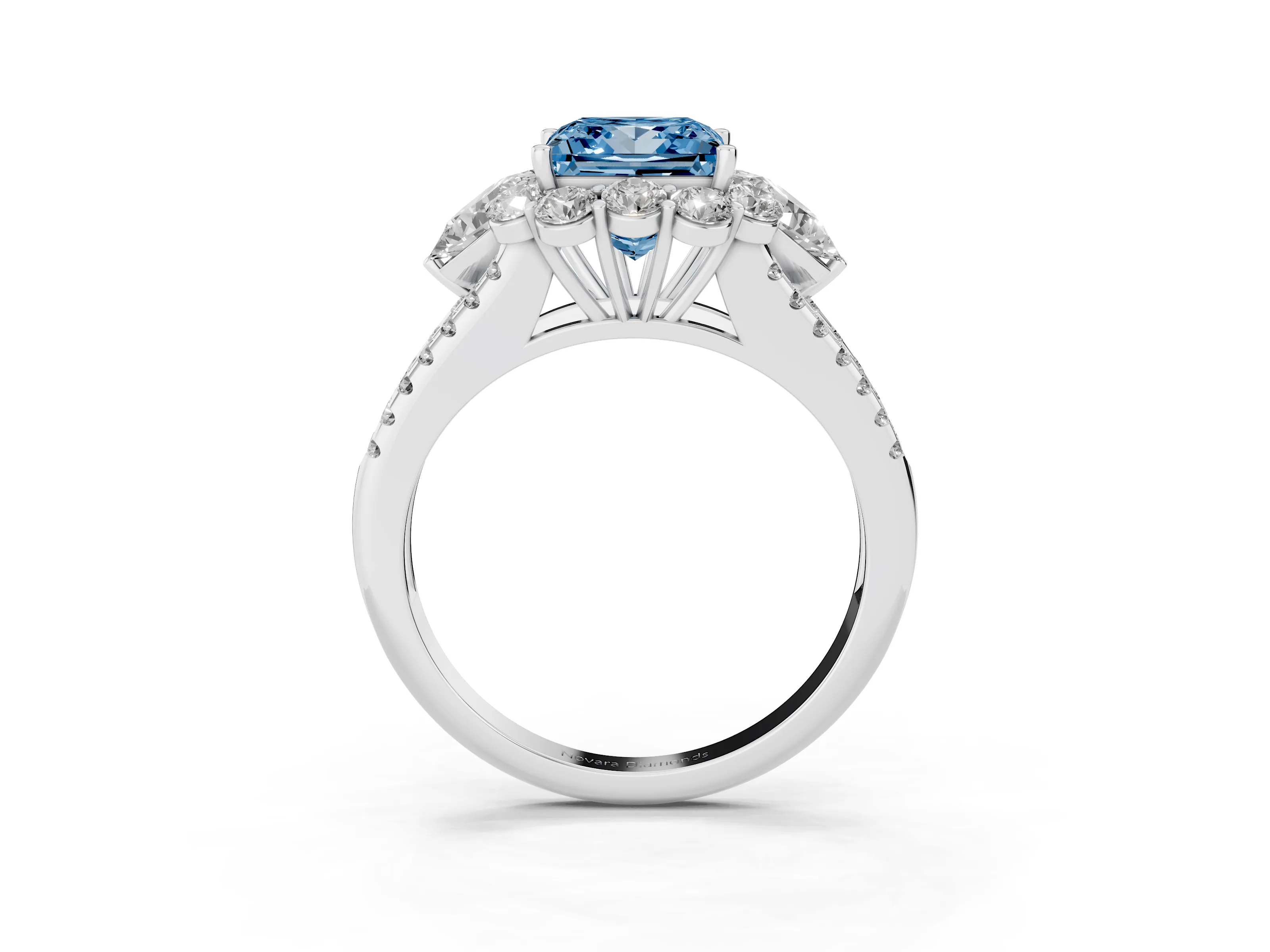 Fancy Blue Princess Cut Diamond Halo Split Shank Engagement Ring Set in Platinum with Prong-Held Center Stone