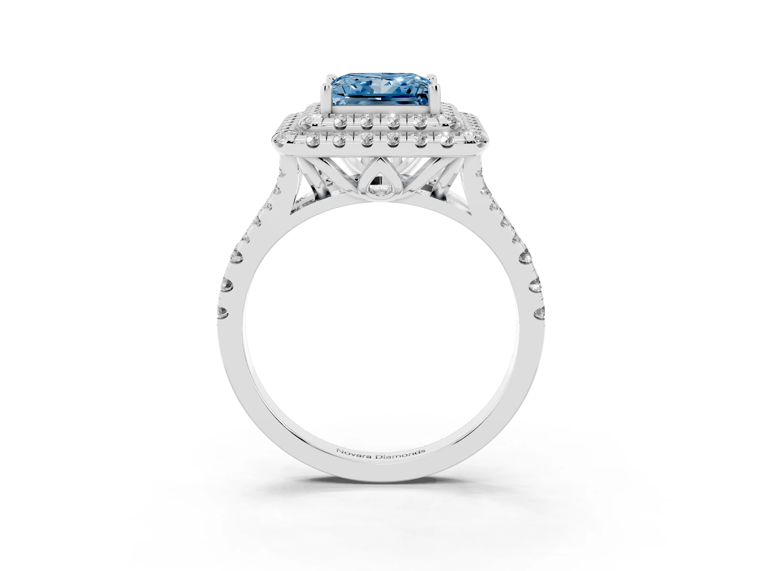 Fancy Blue Princess Cut Diamond Double Halo Ring Set in Silver with Pavé Split Shank and Prong Setting