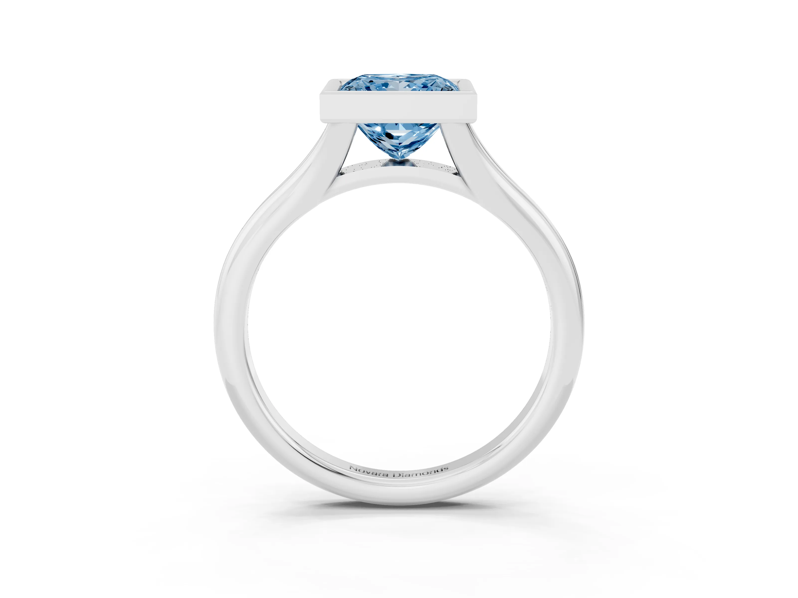 Fancy Blue Bezel Set Princess Cut Diamond Solitaire Ring Set in White gold with Smooth Band