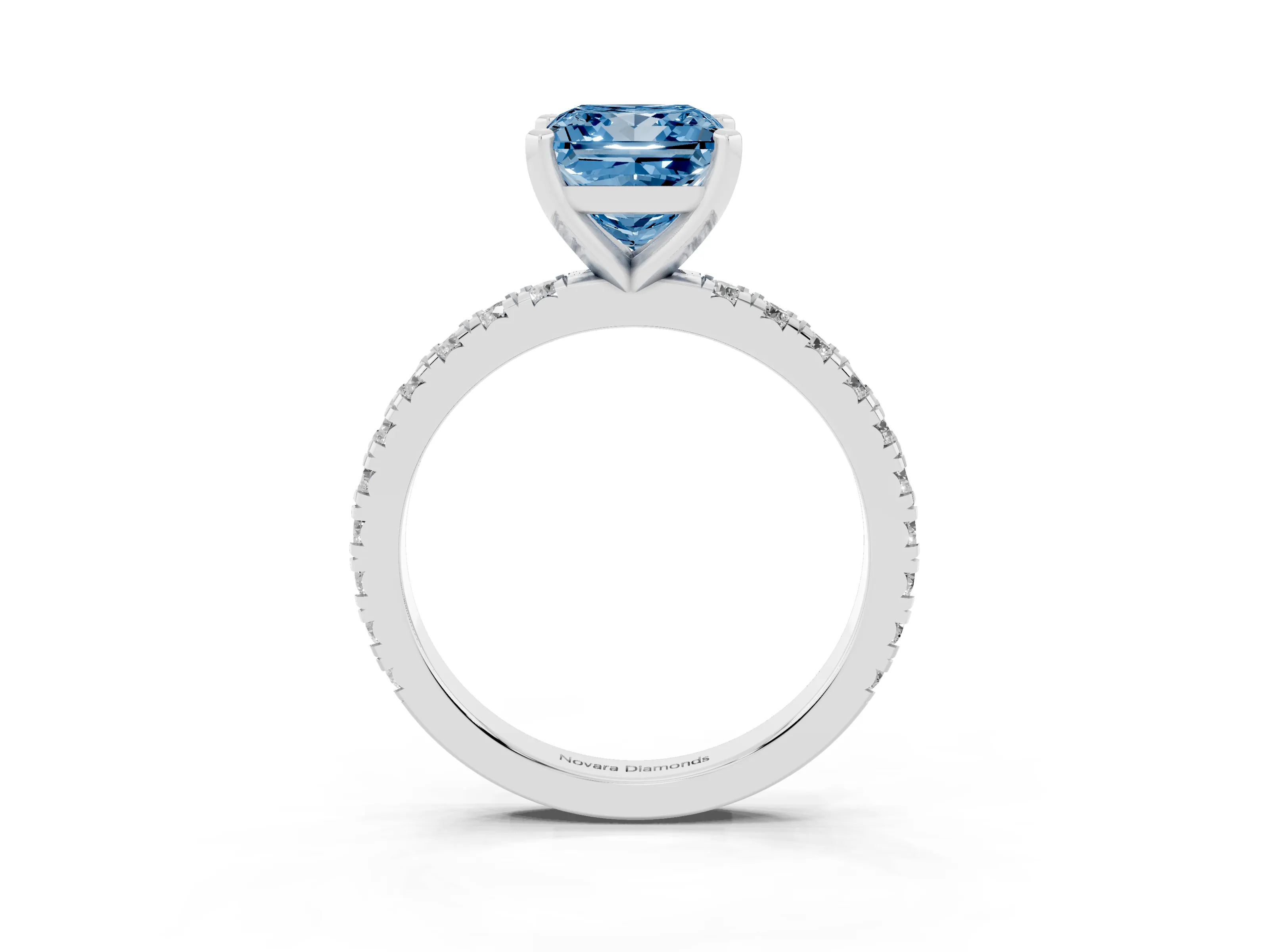 Fancy Blue Princess Cut Diamond Pavé Band Solitaire Set in Silver with Prong Setting