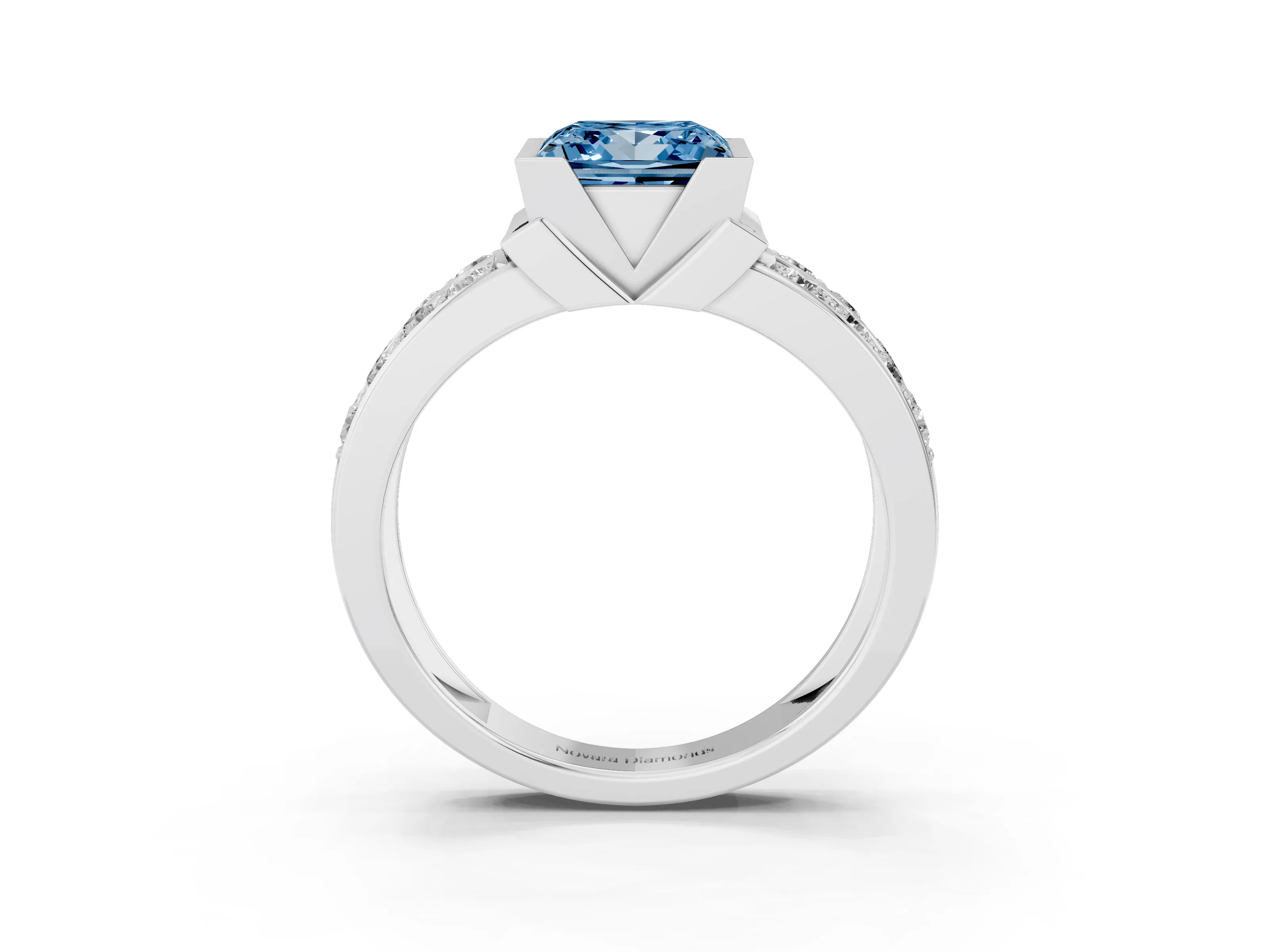 Fancy Blue Princess Cut Diamond Wide Channel Set Band Ring Set in White gold with Bezel Setting