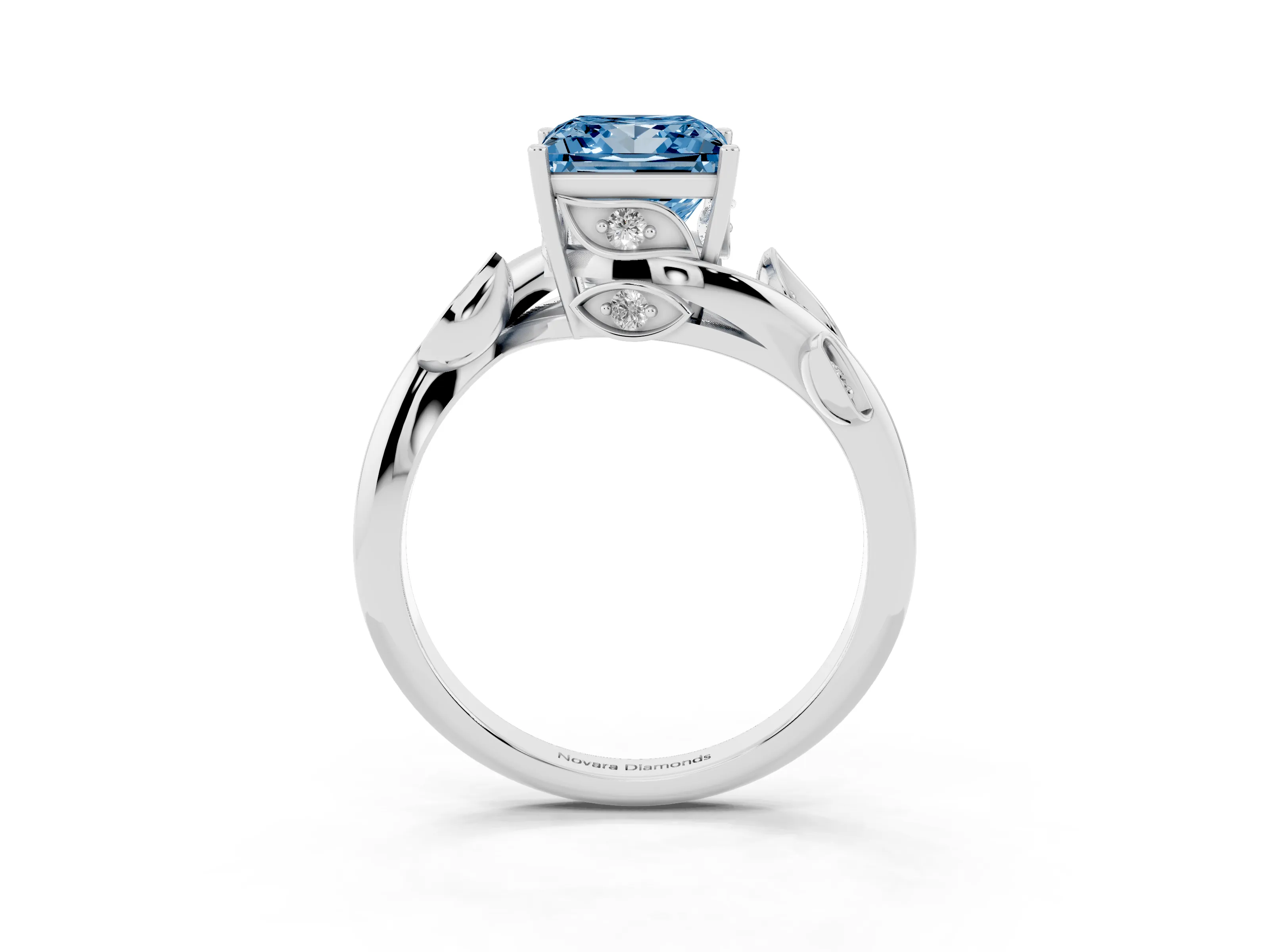 Fancy Blue Princess Cut Diamond Solitaire Twist Engagement Ring Set in White gold with Pavé Leaf Accents