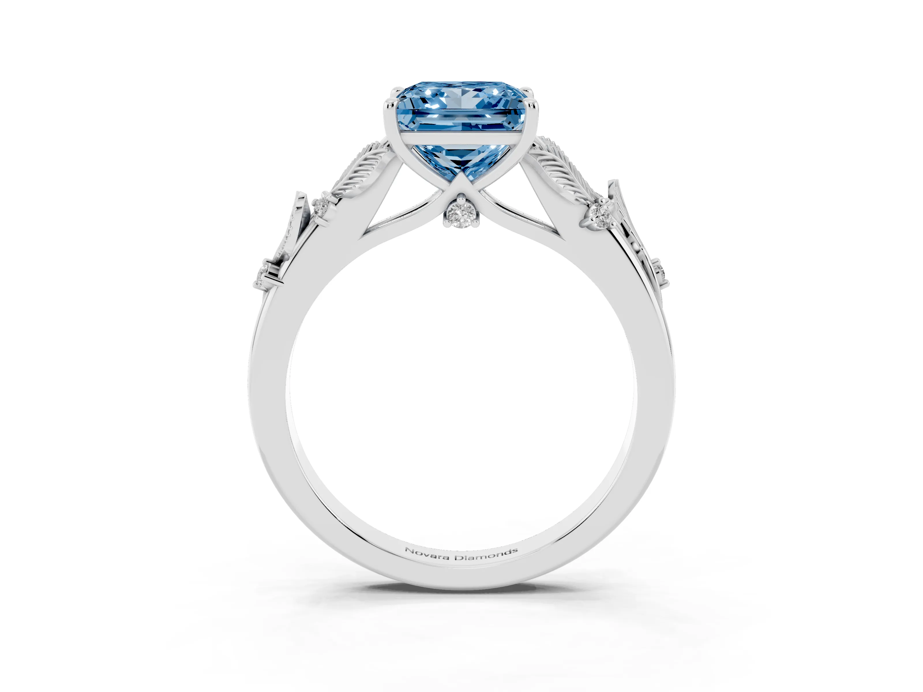 Fancy Blue Princess Cut Diamond Solitaire Ring Set in Silver with Leaf Motif Band