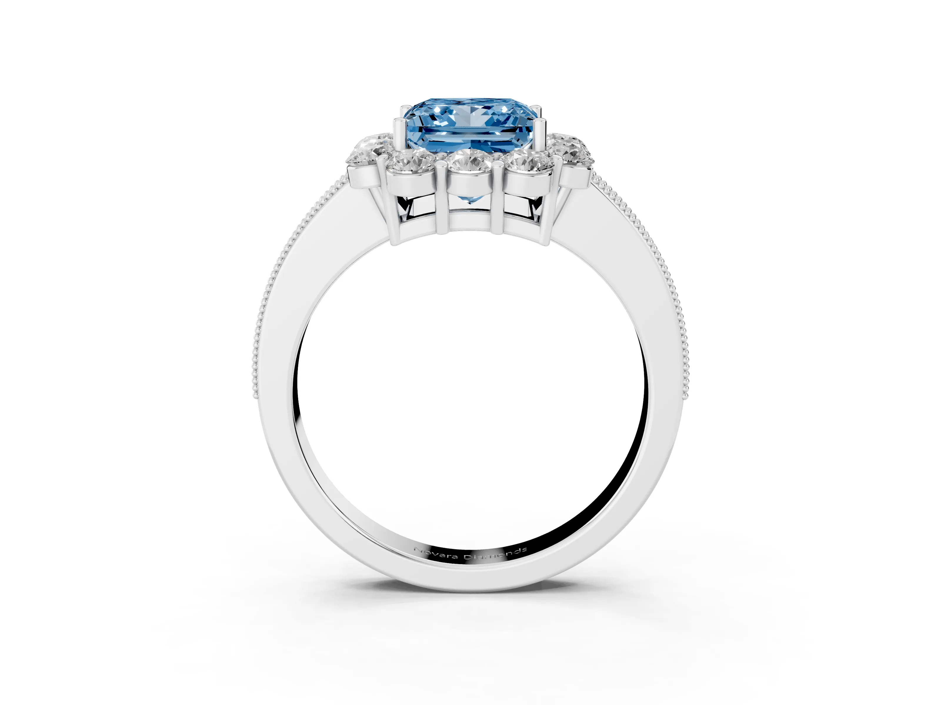 Fancy Blue Princess Cut Diamond Halo Pavé Engagement Ring Set in Platinum with Milgrain Detailing