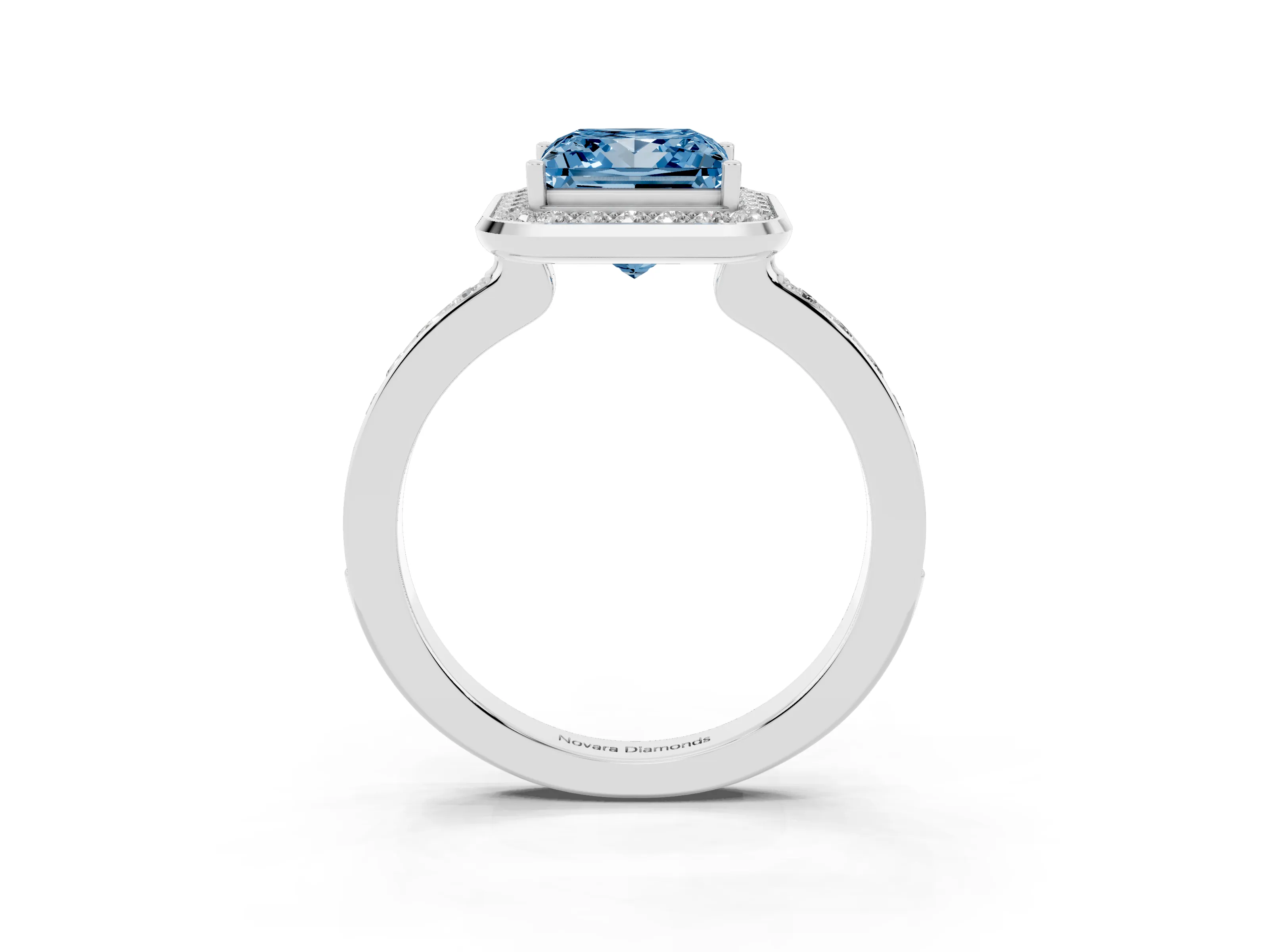 Fancy Blue Princess Cut Diamond Halo Ring Set in Platinum with Bezel Frame and Pavé Band