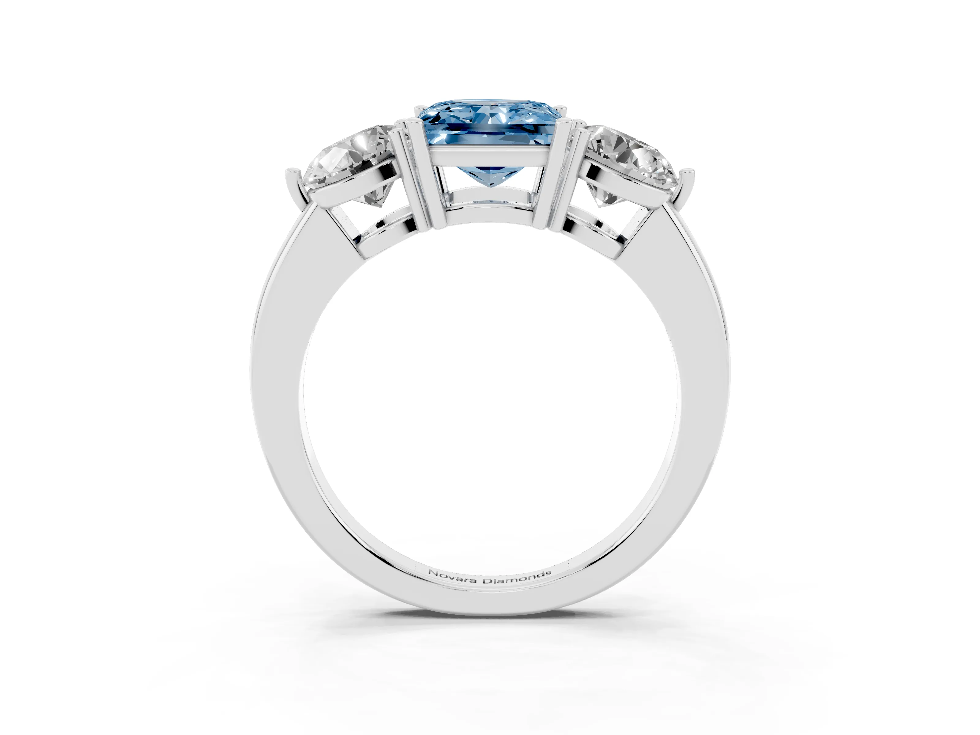 Fancy Blue Princess Cut Diamond Three-Stone Ring Set in White gold with Prong Setting and Plain Band