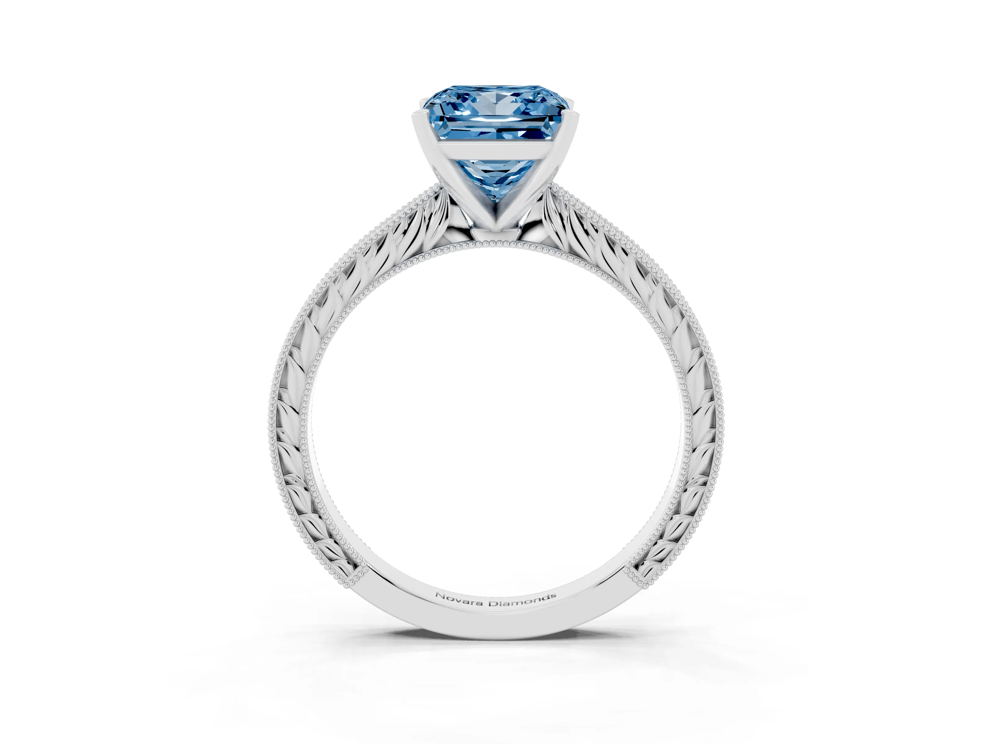 Fancy Blue Princess Cut Diamond Solitaire Milgrain Engraved Band Set in Platinum with Prong Setting