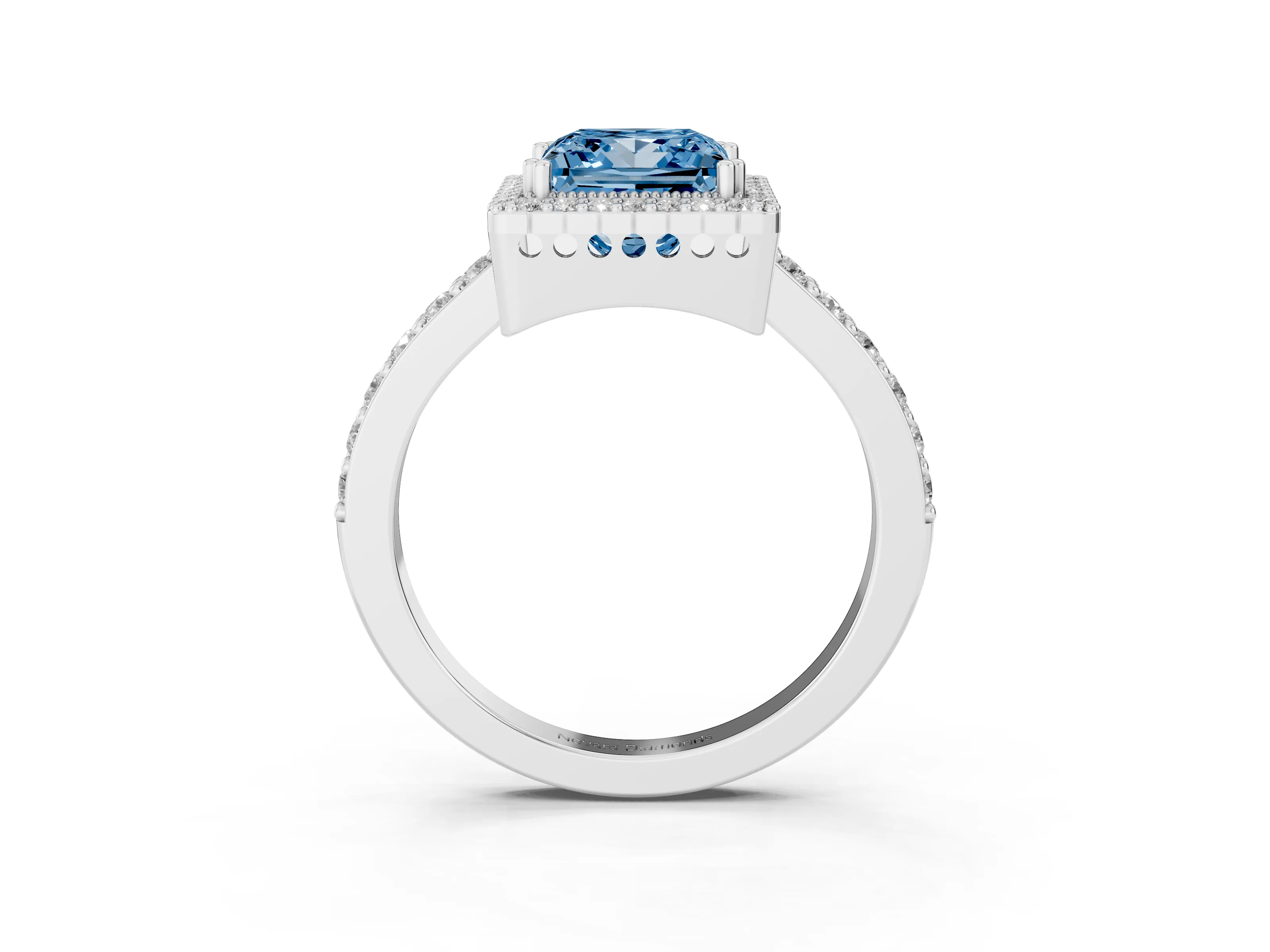 Fancy Blue Princess Cut Diamond Halo Engagement Ring Set in White gold with Milgrain Detail and Pavé Band